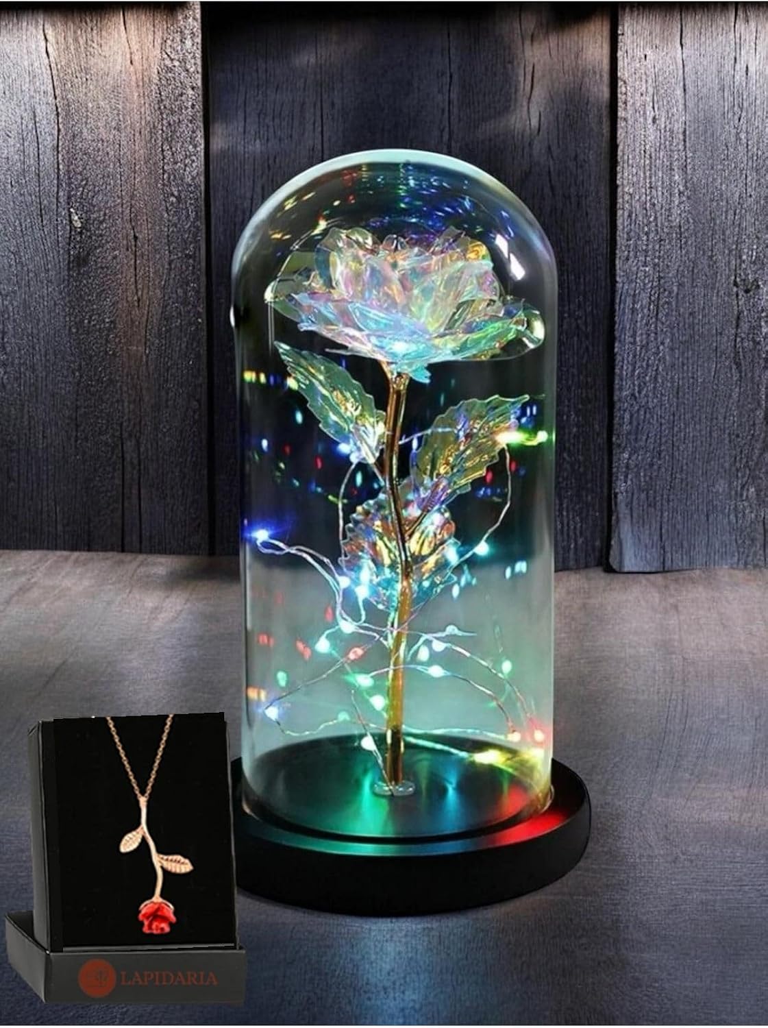 Lapidaria Fanus Içerisinde Dekoratif Rgb Peri Led Işıklı Solmayan Sonsuzluk Gülü Ve Gül Kolye Sevgiliye