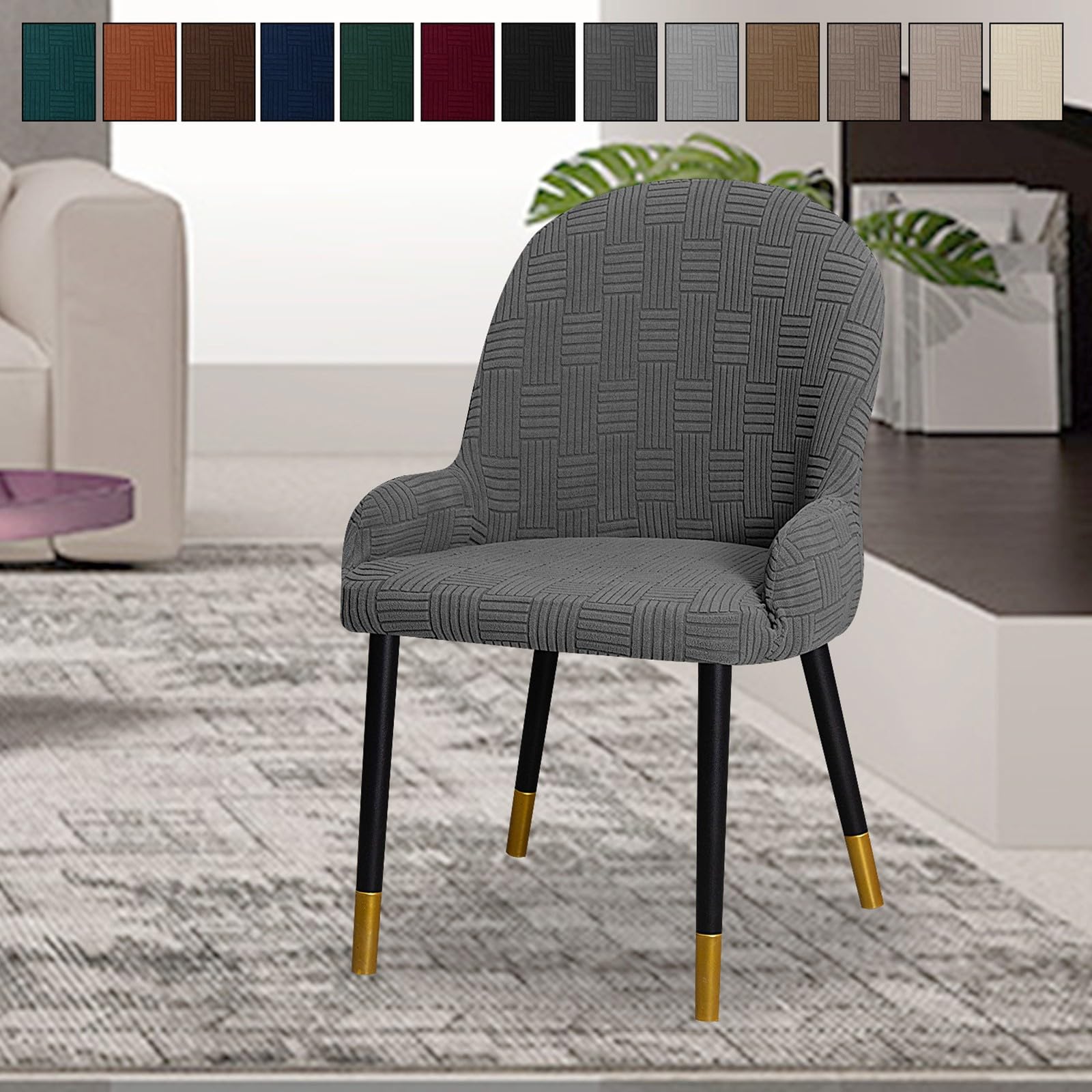 Stuhlhussen mit Gebogener Rückenlehne und Armlehnen,Esszimmer Stuhlhussen 1/2/4/6er-Set,rutschfest und Strapazierfähig,für Wohnzimmer Schlafzimmer Büro Schminktisch(Dark Gray,4 Set)