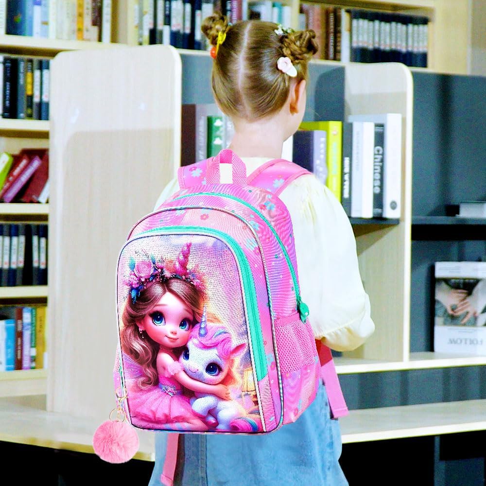 gxtvo 3PCS Unicorn Backpack for Girls, 16" Kids Bookbag with Lunch Box, Water Resistant Elementary School Bag for Preschool Toddler