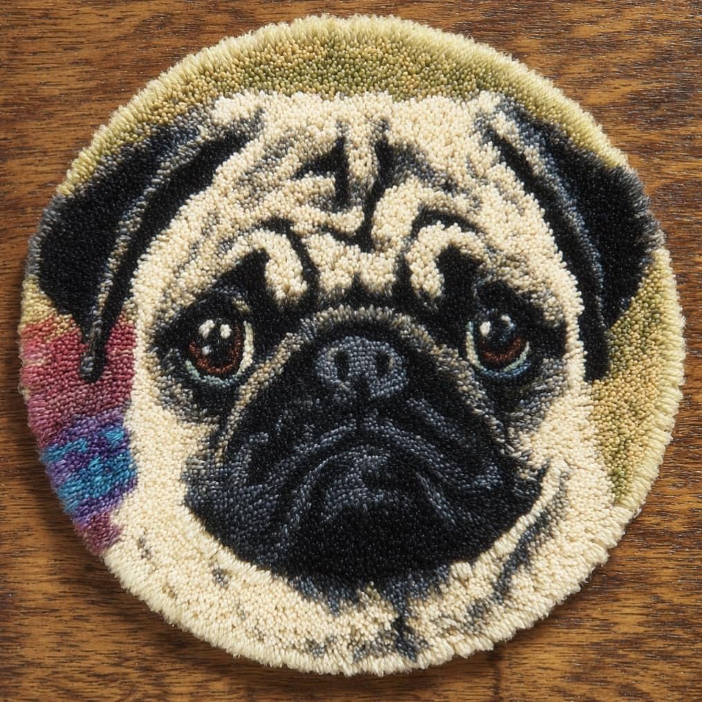 kitphoenix DIY Latch Hook Rug Kits Pug Easy for Beginners Round Carpet Crochet Yarn Craft Large Rug Hook and Latch Tapestry for Home Decor 50X50Cm
