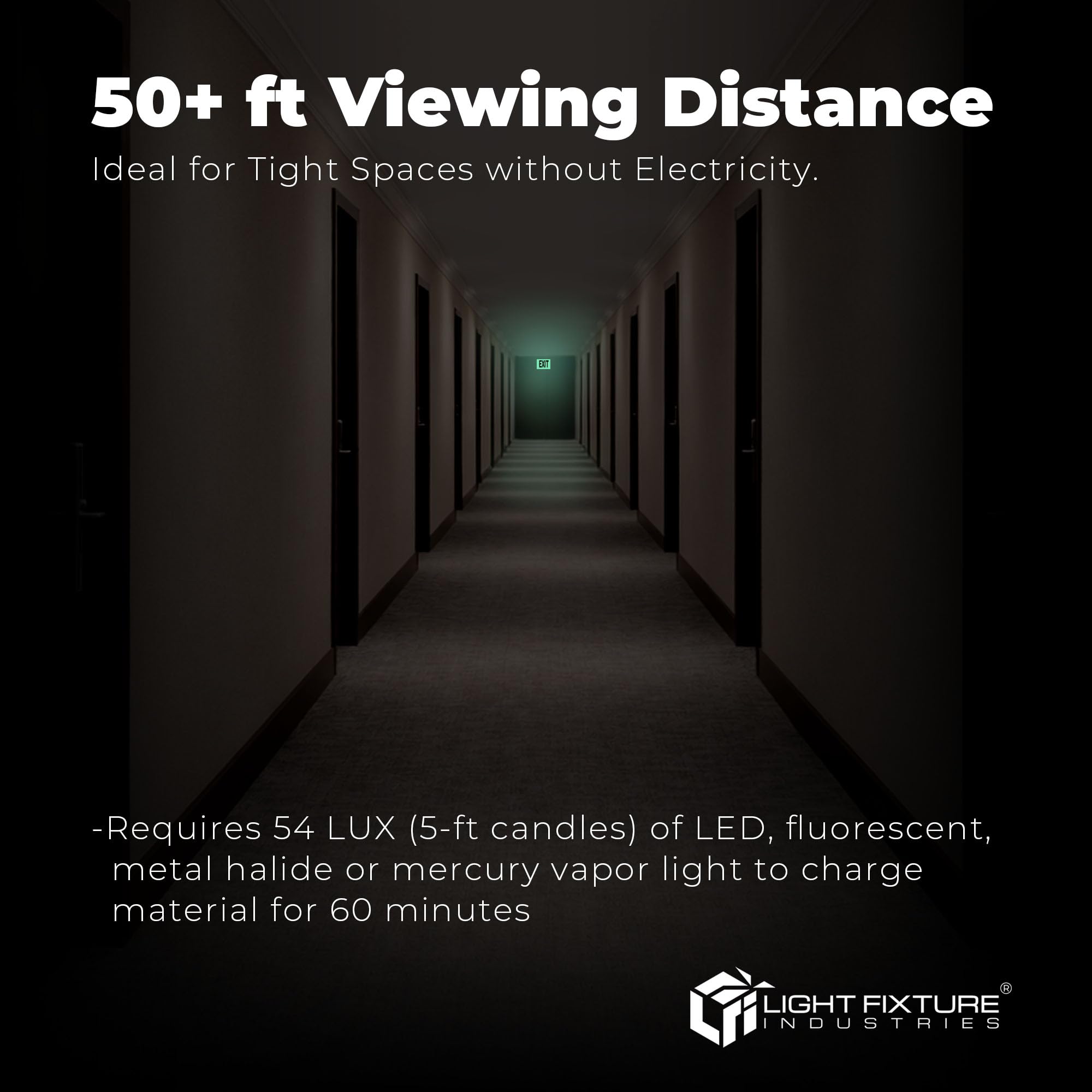 Luces LFI – Certificado UL – Señal de salida fotoluminiscente – Letras rojas – Base de plástico rígida – Marco negro – Flecha izquierda y derecha – PA1R50