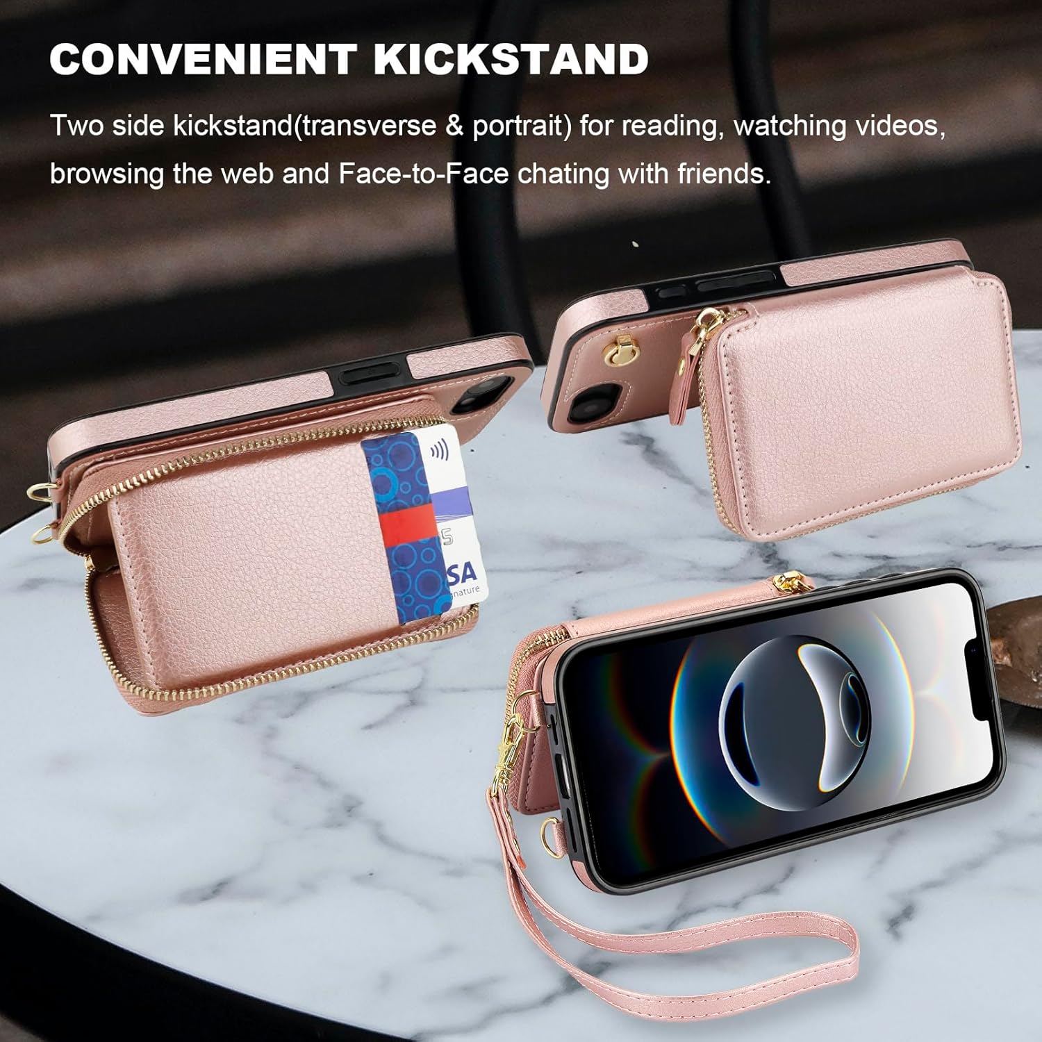 Bocasal for MagSafe Crossbody Wallet Case Compatible with iPhone 17e/16e, RFID Blocking Protective Purse Case with Card Slots Holder Kickstand Wrist Strap Lanyard Zipper 6.1 Inch 5G (Rose Gold)