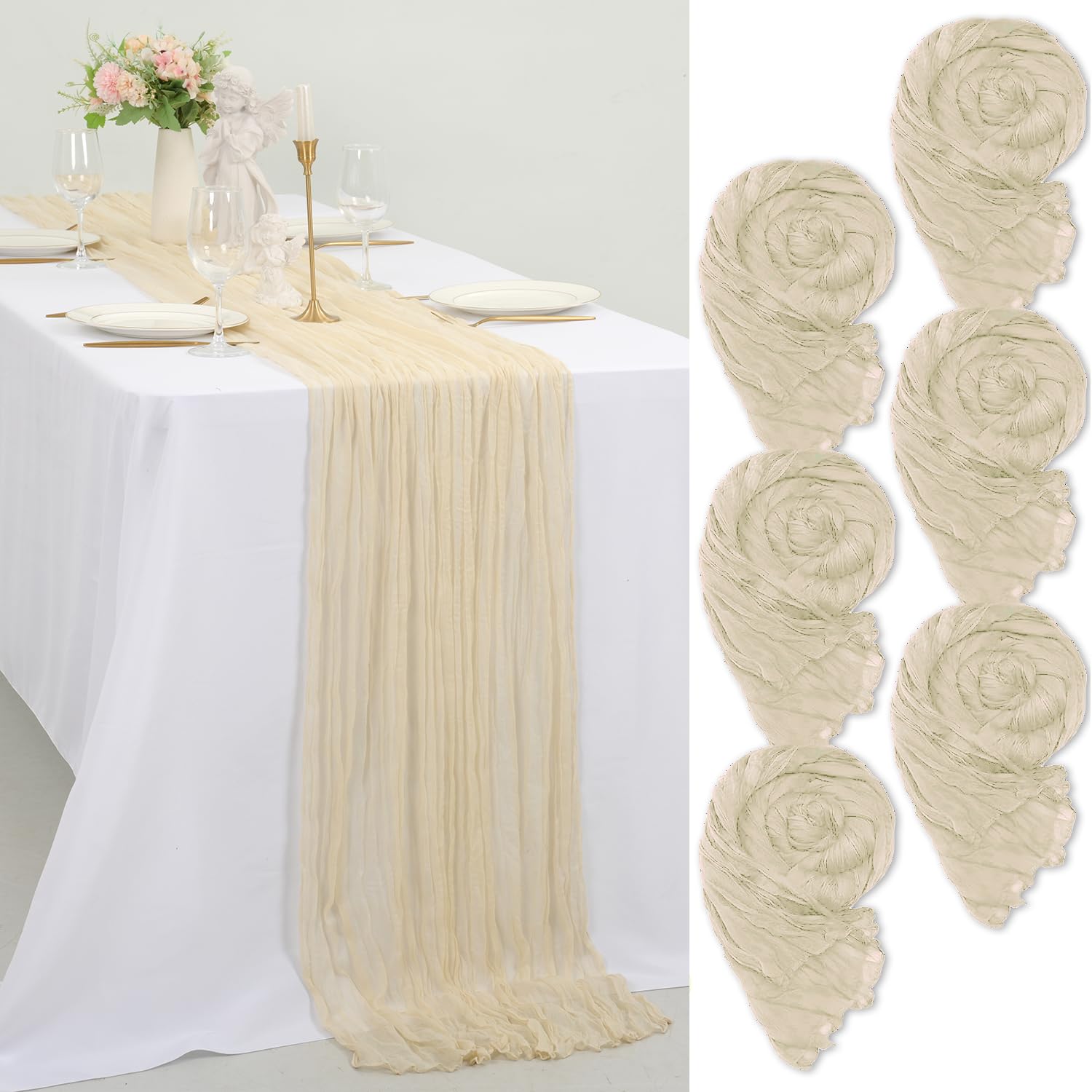 6 Chemins De Table En Étamine Beige HASJOIN - 55x300 Cm Décoration Rustique