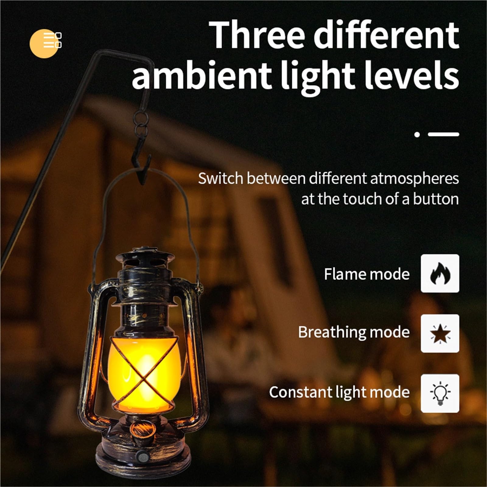 1 lampada di ricarica retrò da appendere per tenda, illuminazione esterna a cherosene, 3 modalità di illuminazione, illuminazione da campeggio (Black Shell)