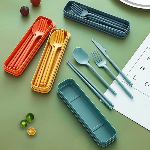 Miniatura 5 de Utensilios de viaje con estuche, juego de utensilios reutilizables para acampar con estuche, juego de cubiertos de plástico, tenedores, cuchara,