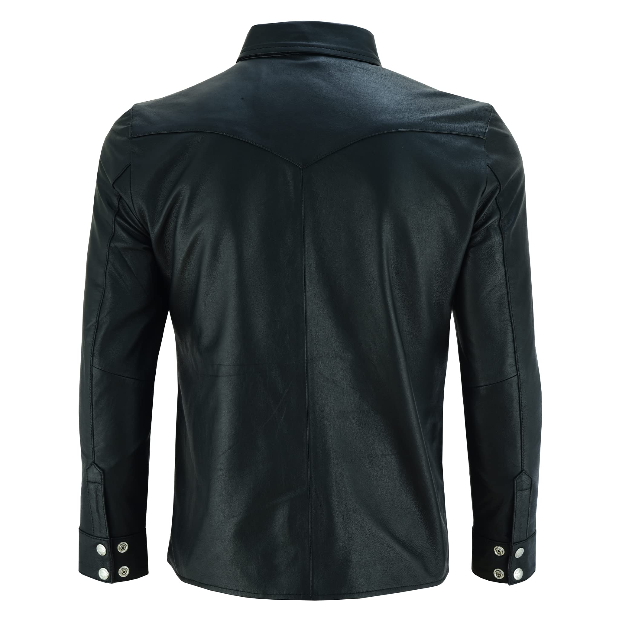 Leatherick Camicia da Uomo in Pelle - Camicia Classica Casual in Montone con Colletto Nero e Bottoni in Ottone Argento