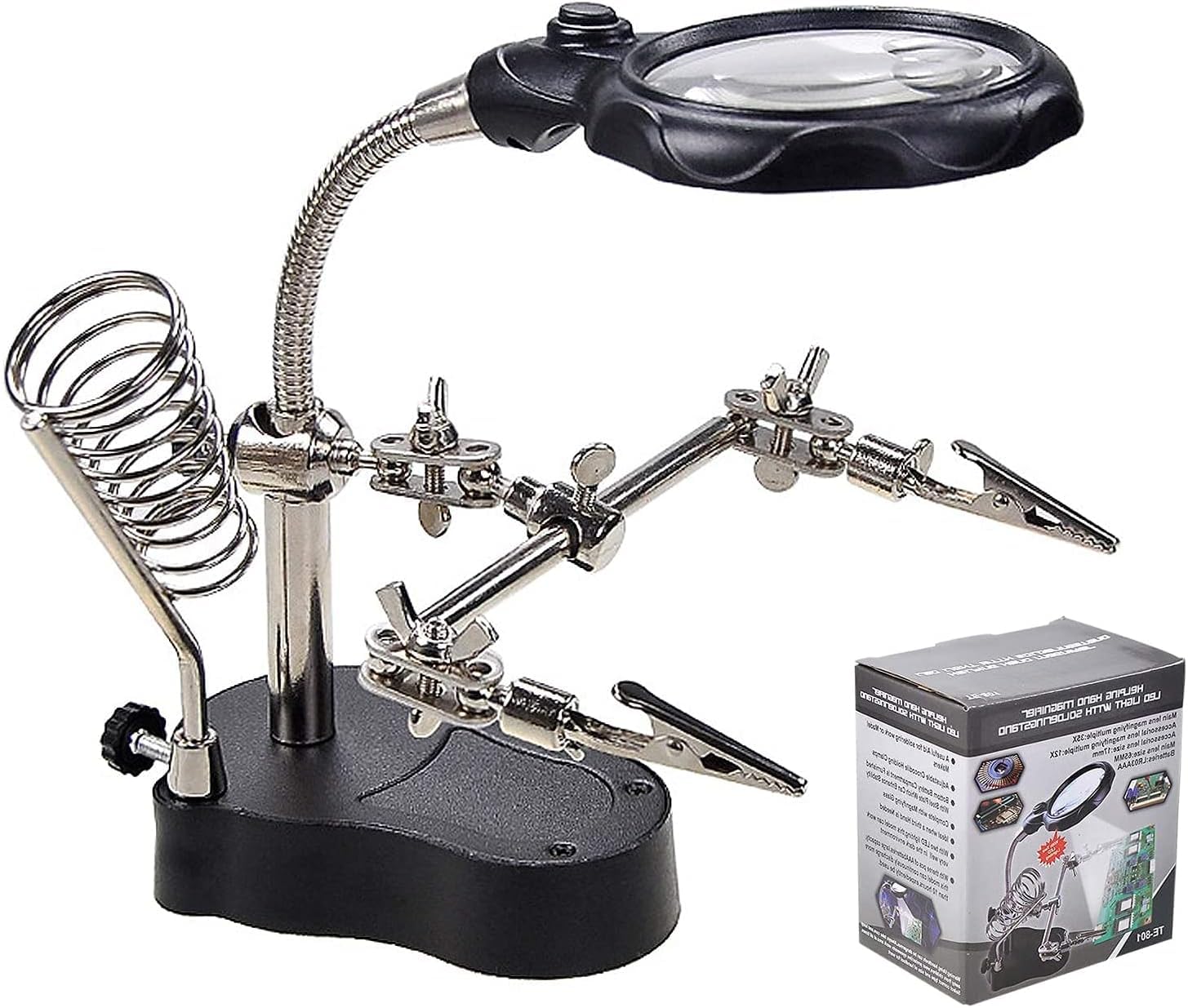 RYN Magnifying Glass Soldering Station Adjustable Helping Hands Magnifier 2.5X,12X Station with Light and Alligator Clips