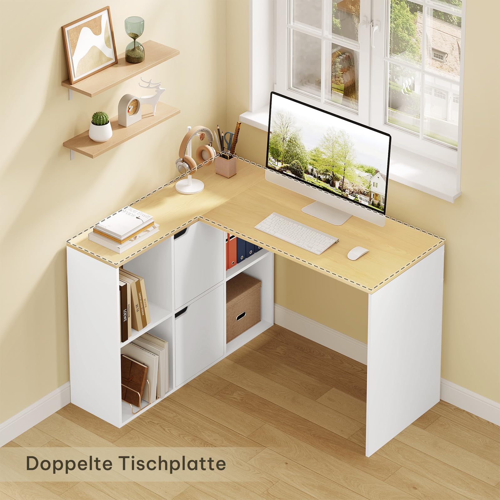 eSituro Schreibtisch L Form, Eckschreibtisch 120cm mit Regal, Computertisch mit Stauraum, Bürotisch, Tisch mit Bücherregal, für Büro Arbeitszimmer Homeoffice, Weiß + Eiche, 118x100x75 cm | Offene Fächer und Stauraum, Schranktüren, für Homeoffice Schlafzim