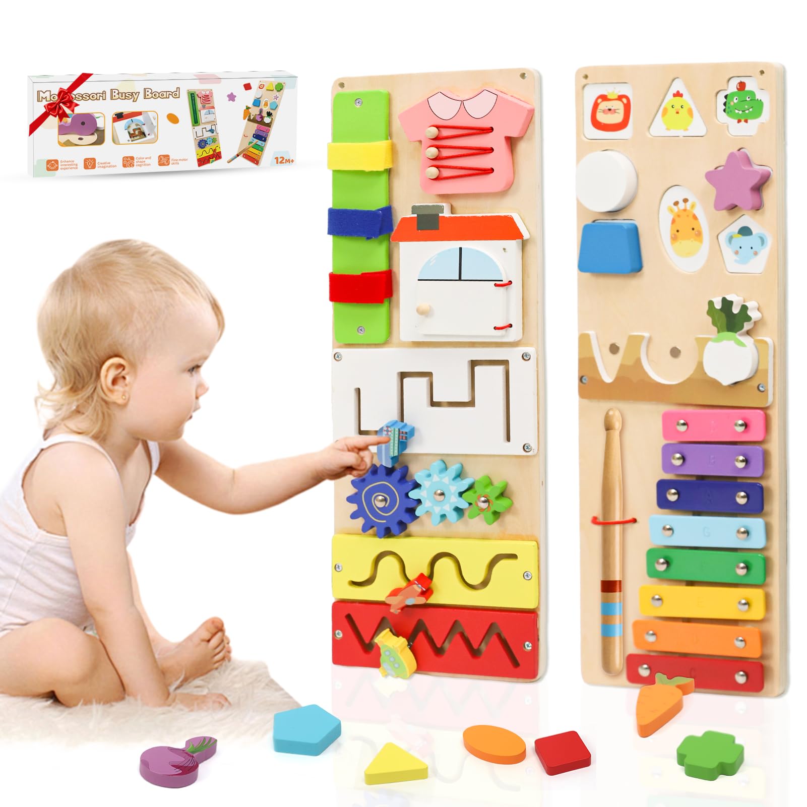 LZDMY Busy Board Montessori Âge 1 2 3 Ans, 2 en 1 Planche Activité Montessori, Tableau Activité Jeux Educatif, Jouet d'Éveil en Bois Sensoriel Parcours pour Bébé, Idéal Cadeau pour Garçons Filles