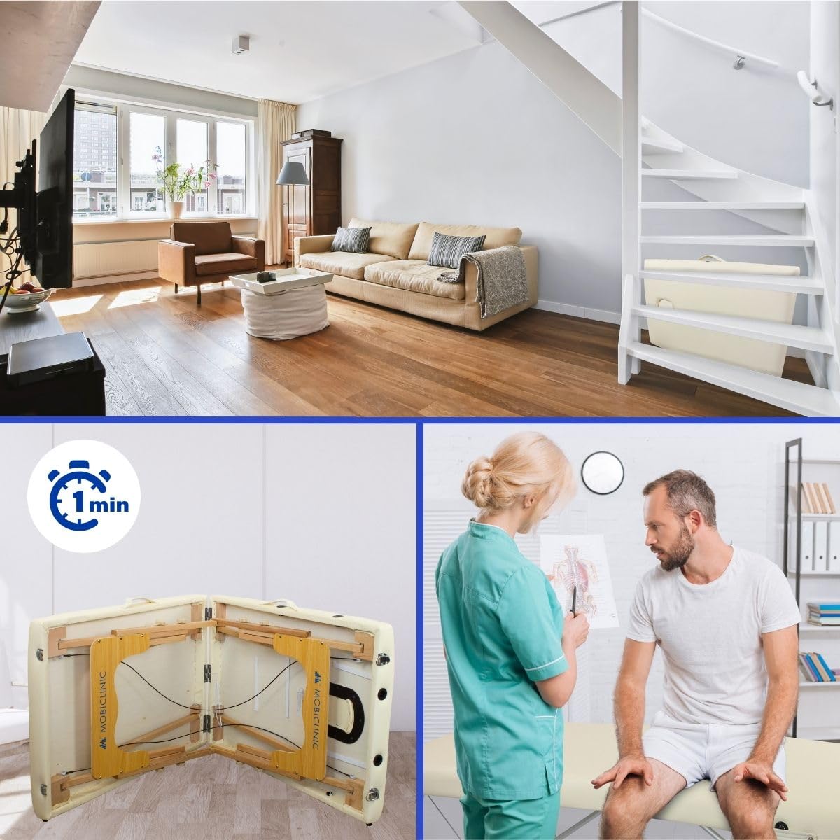 Mobiclinic®, Massageliege, Klappbar, CM-01 Basic, 180x60 cm, Holz und Kunstleder, 2 Teile, Europäische Marke, Mobile, Höhenverstellbar, Verschlusssystem, Trägt 150 kg, Farbe Creme