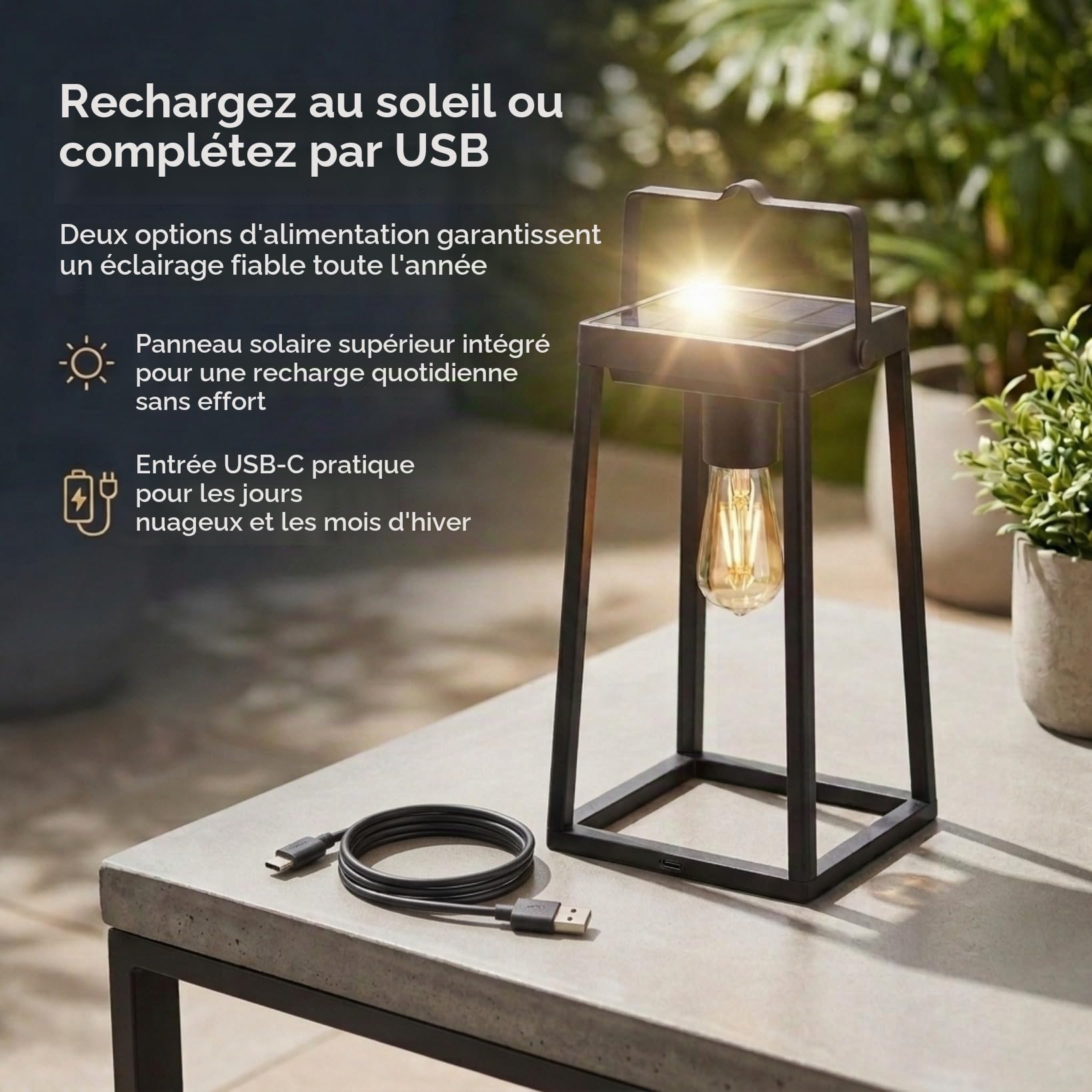 Auraglow Lanterne de Jardin Solaire et USB, Ampoule Filament Vintage | Lampe de Table Sans Fil Rechargeable, 48h d'autonomie, option Crépusculaire, aluminium noir mat, lueur rétro LED