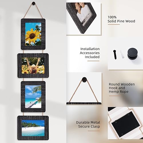 Vista 30 de Portarretratos de madera rústica de 5 x 7 pulgadas, para colgar fotos con 4 aperturas, fotos de 4 x 6 pulgadas con paspartú o 5 x 7 pulgadas sin