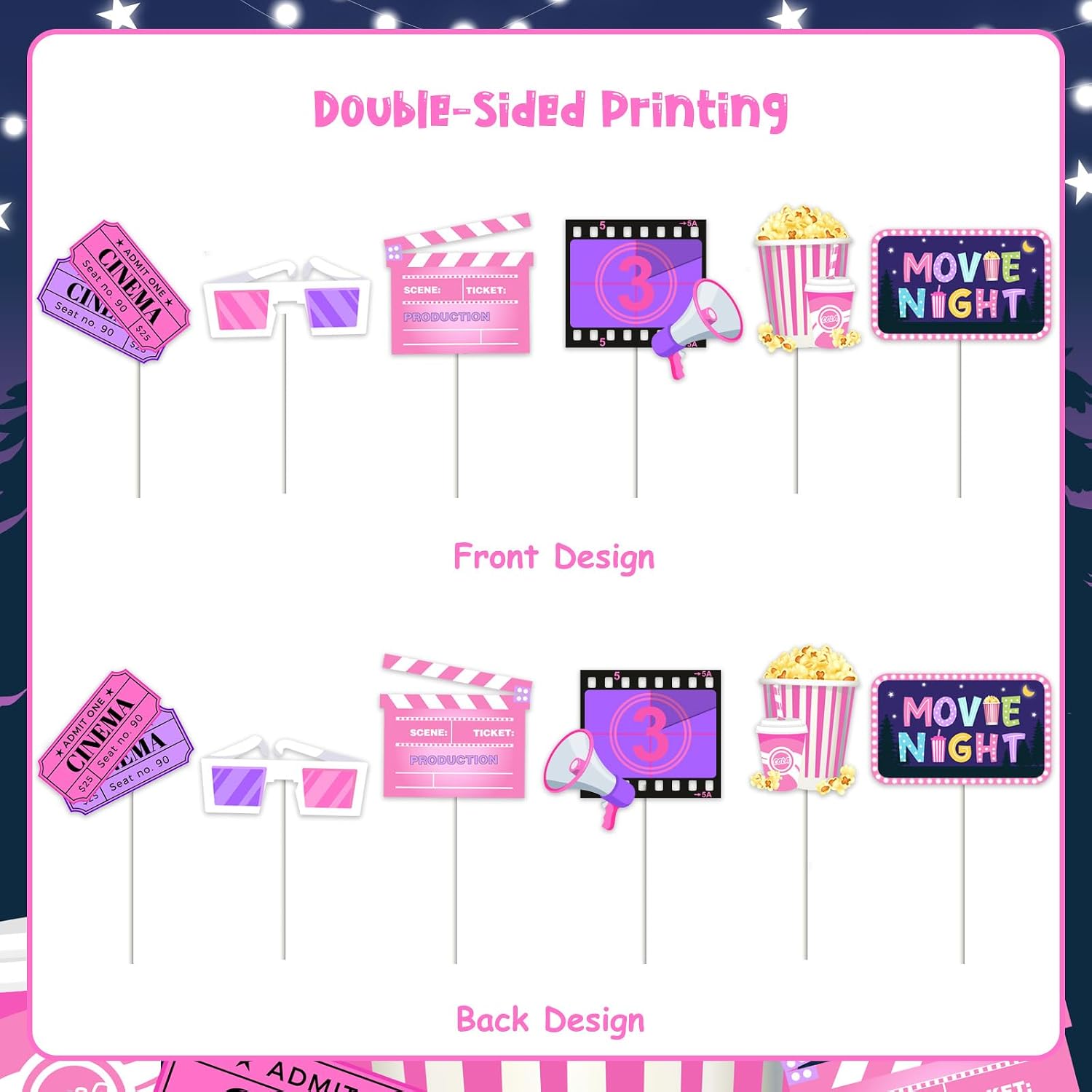 24 Pcs Movie Night Cupcake Toppers - Pink Girl Movie Night Birthday Party Supplies, Double Sided Paper Cinema Cake Decorations, Backyard Popcorn Cinema Theme Baby Shower Decor