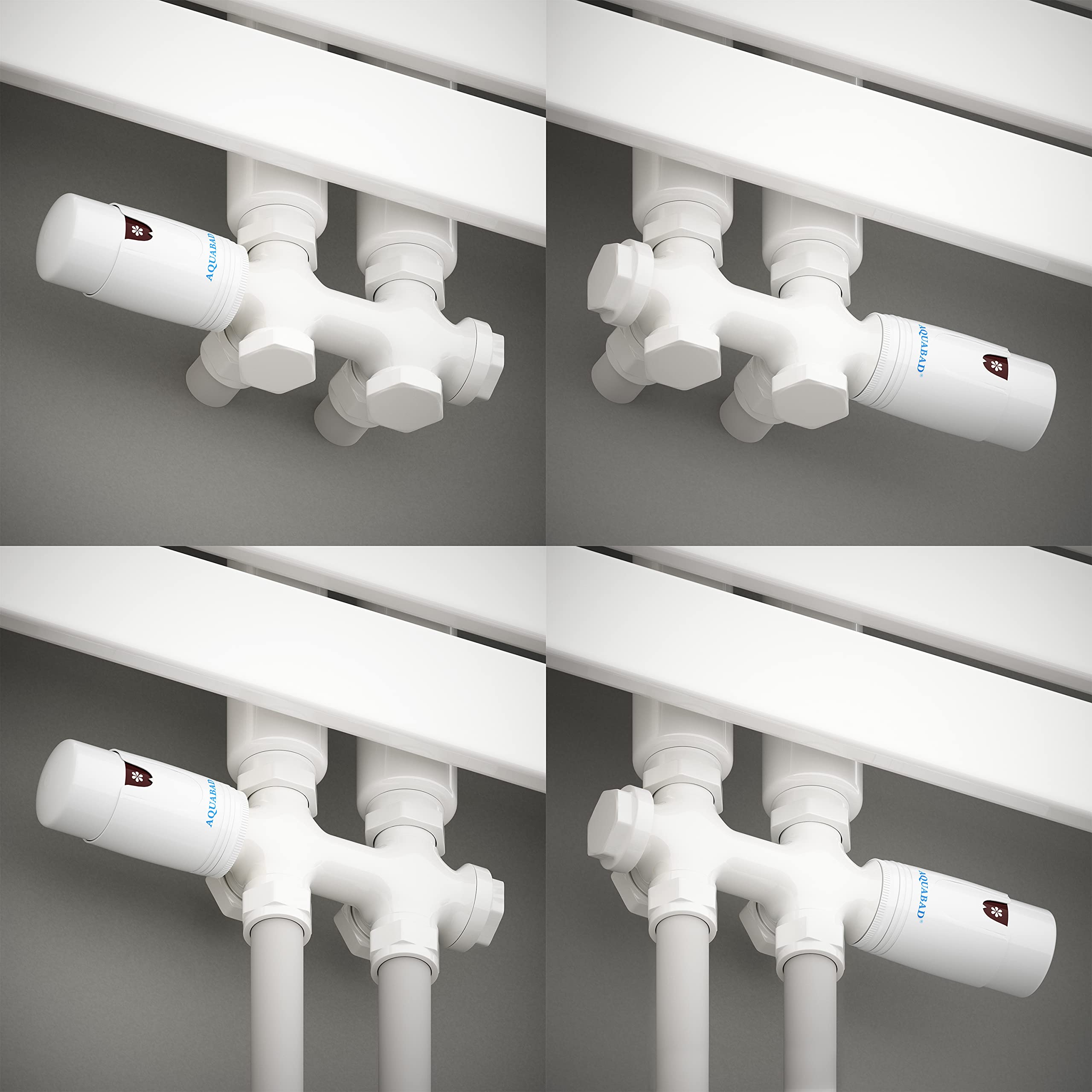 Aquabad® Radiator kraan met thermostaat voor 50mm middenaansluiting, Wit - hoekvorm met standaard schroefverbindigen 16mm PEX
