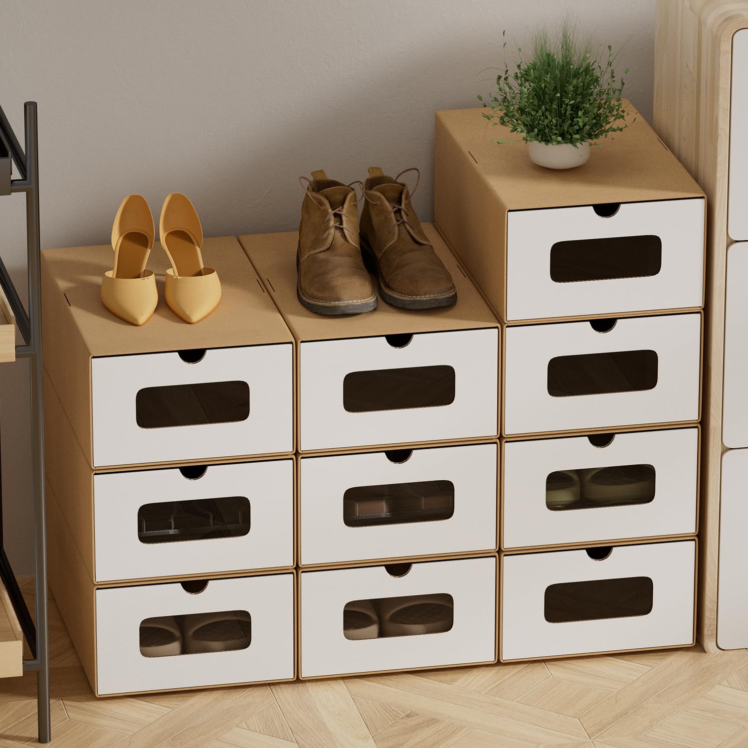 Lote de 20 cajas de almacenamiento de zapatos en cartón blanco puro con ventana – Cajas de zapatos plegables de papel kraft, apilables, 35 × 23 × 13 cm