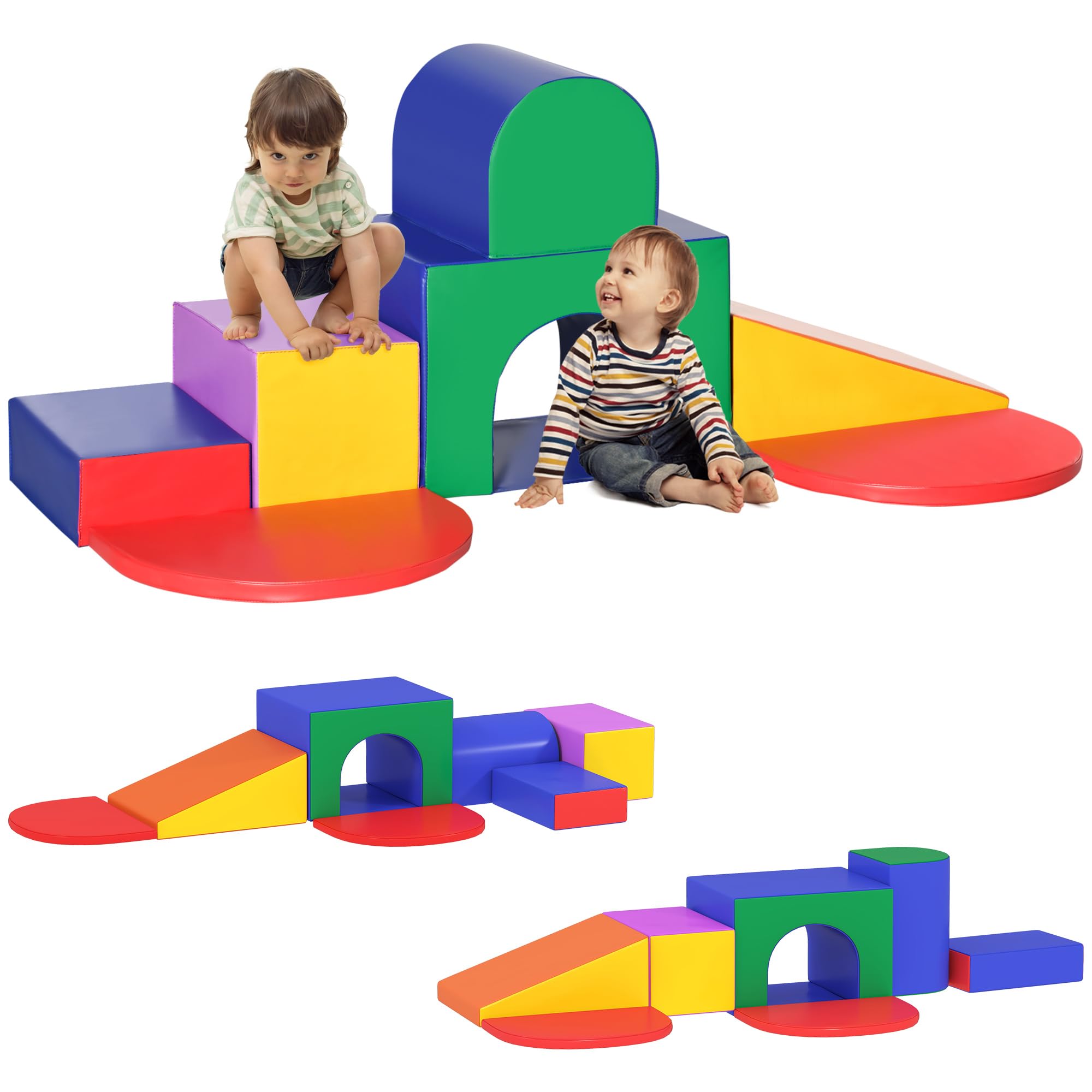 HOMCOM Set di 7 Costruzioni Morbide per Bambini 1-3 Anni, Blocchi Morbidi in Schiuma e Pelle PU Set da Gioco, Giocattoli per Arrampicata, Multicolore