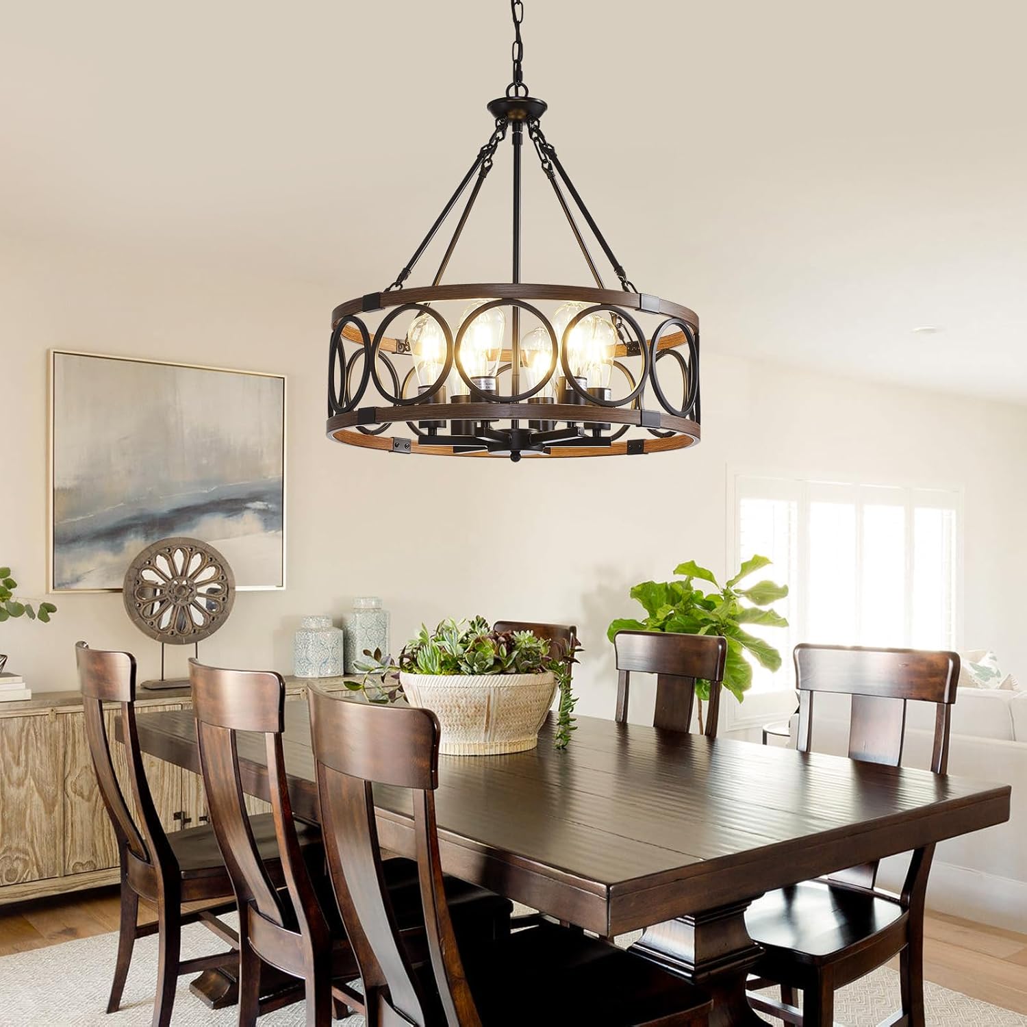 20.5'' Farmhouse Chandelier, 6-Light Walnut Wood Grain Dining Room Light Fixture Over Table, Rustic Industrial Drum Hanging Pendant Lights Fixture for Kitchen Island Bedroom Hallway Foyer Entryway