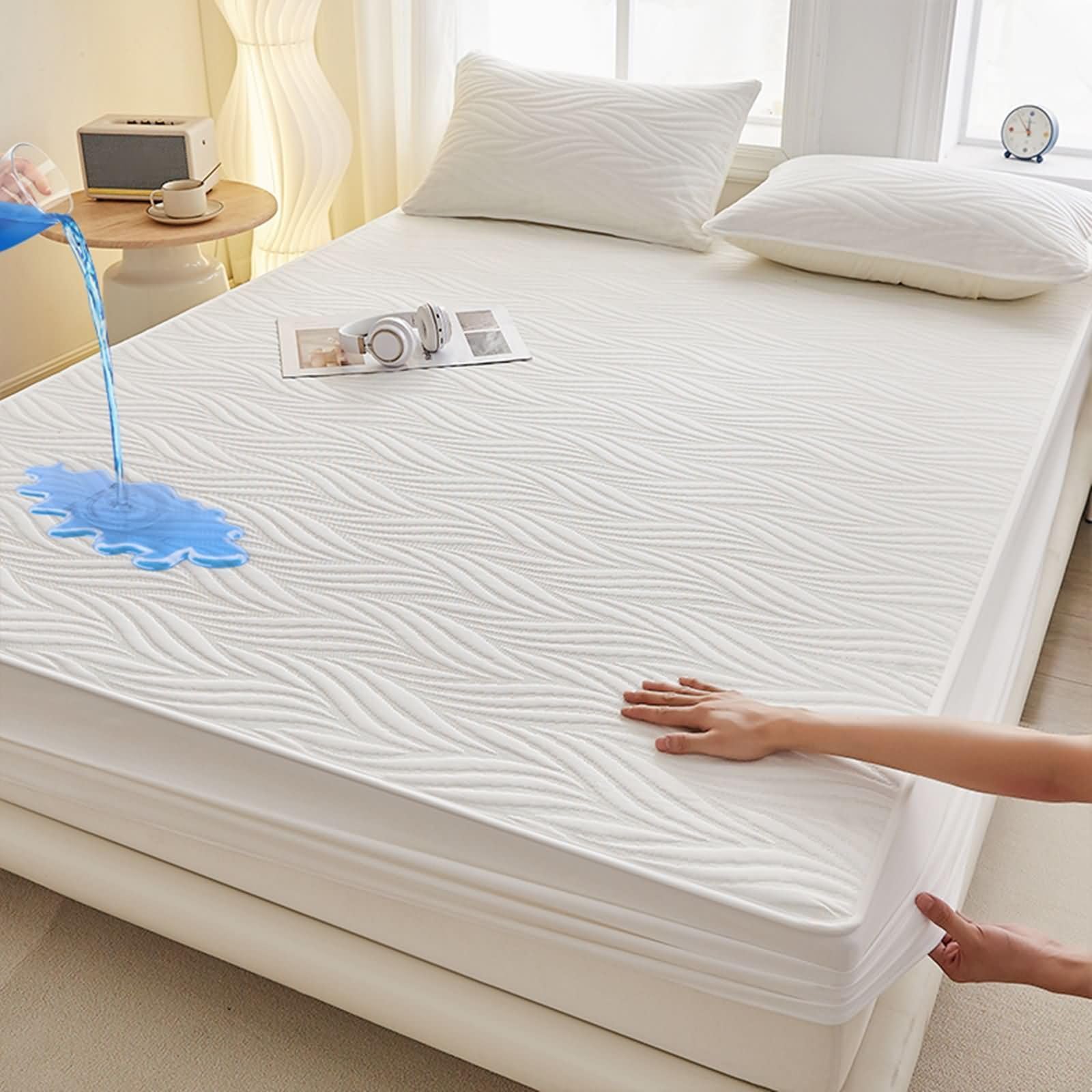 Komplet 3-częściowy zestaw 3 poszewek na gumkę, poliester, bawełna, łóżko pojedyncze, jednokolorowe z wzorem liści, 120 x 200 cm + 2 poszewki na poduszki, białe