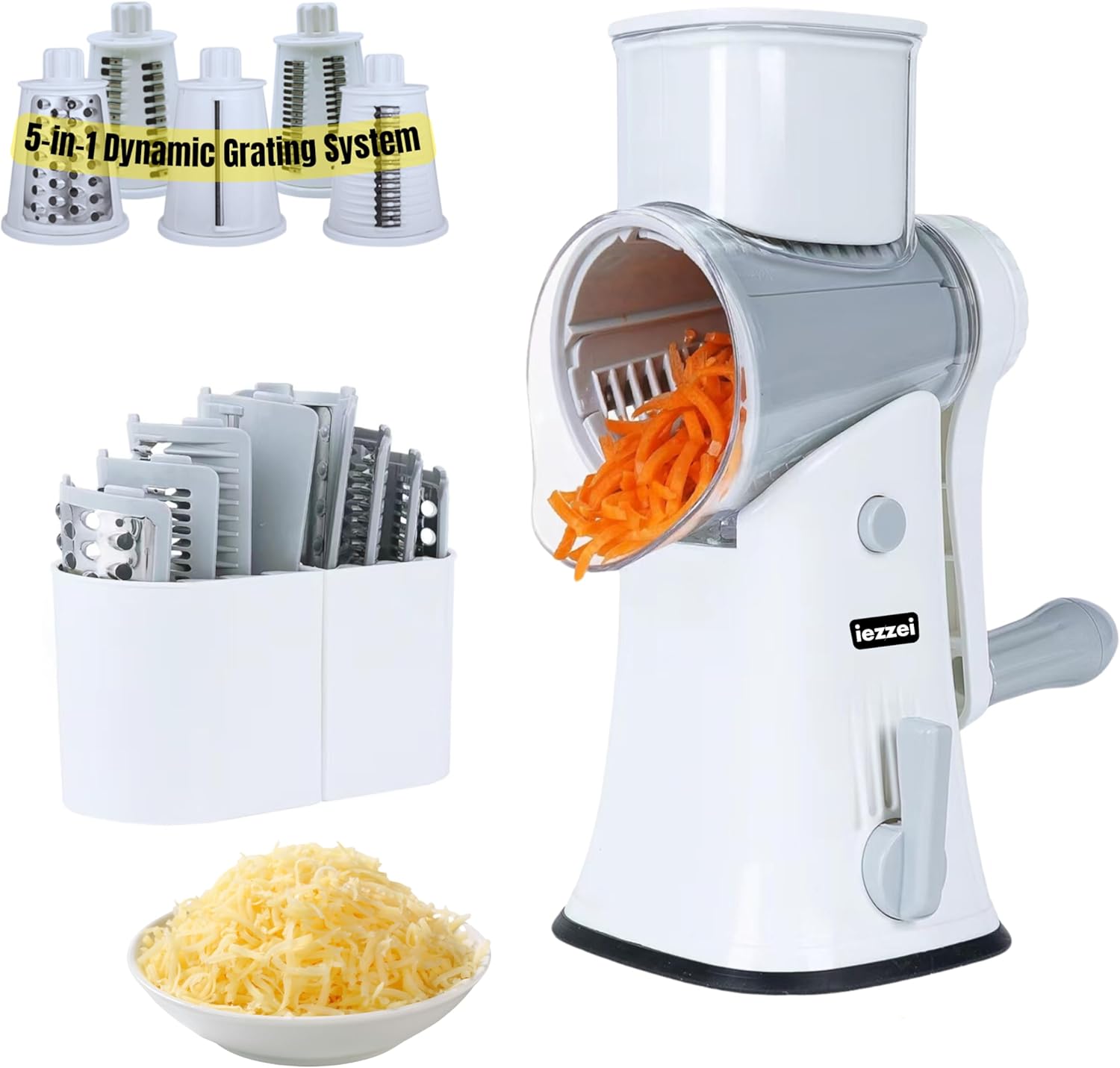 iezzei Rotary Cheese Grater - Vegetable Slicer - Cutter with 5 Stainless Steel Blades, Nut Grinder, Carrot Shredder, Fruit Slicer, Potato Crinkle Cutter - Secure, Large & Safe Suction Base