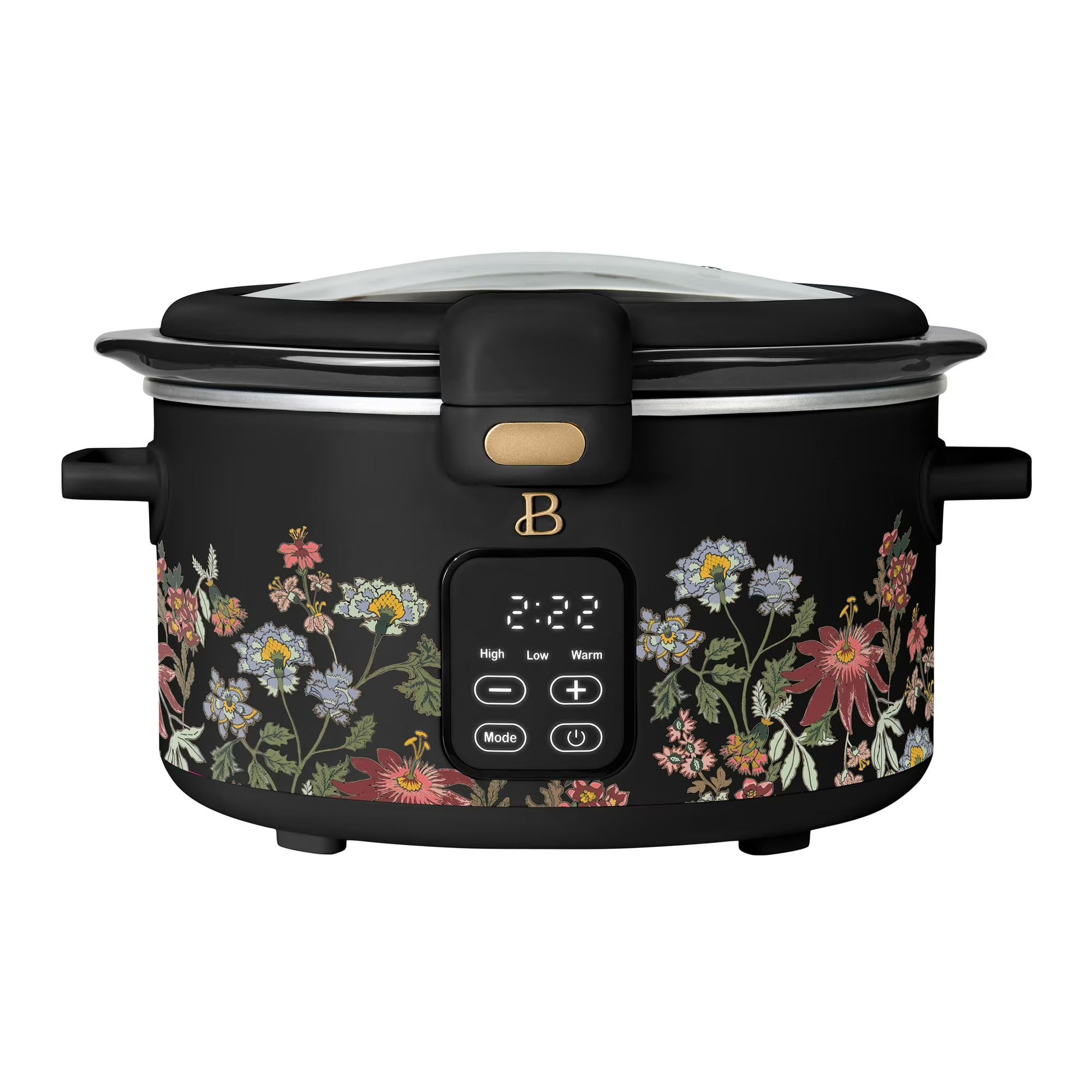 Slow Cooker 4 Quart Programmable with Hinged Lid and Keep Warm Function for Home Cooking Wildflower Black