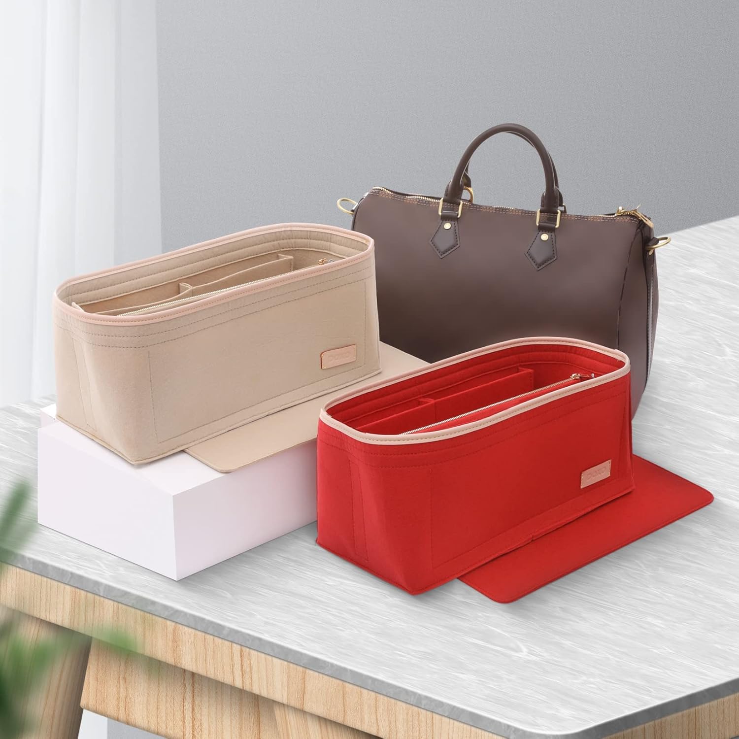 Doxo Purse Organizer Insert for Handbags & Base Shaper Combination,Tote Bag Organizer Insert with 6 Sizes,Compatible with LV Speedy 25 & Neverfull PM ON THE GO and More(Red-Medium) - Image 8