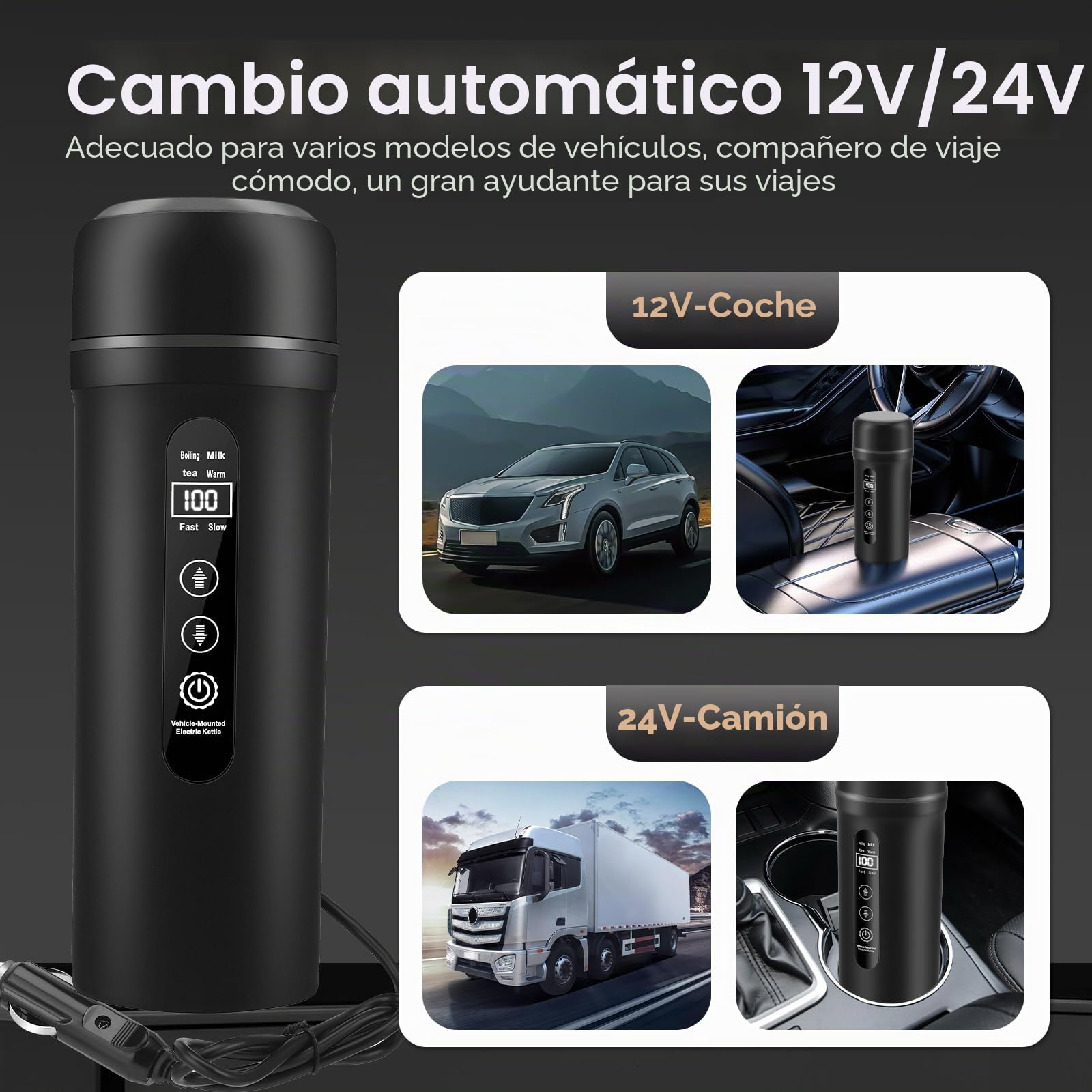Hervidor eléctrico para coche de 12V/24V, pequeño hervidor de agua eléctrico para viajes, hervidor de agua portátil de 500ml para preparar café y té, pantalla LCD, taza calefactora para auto(Black)