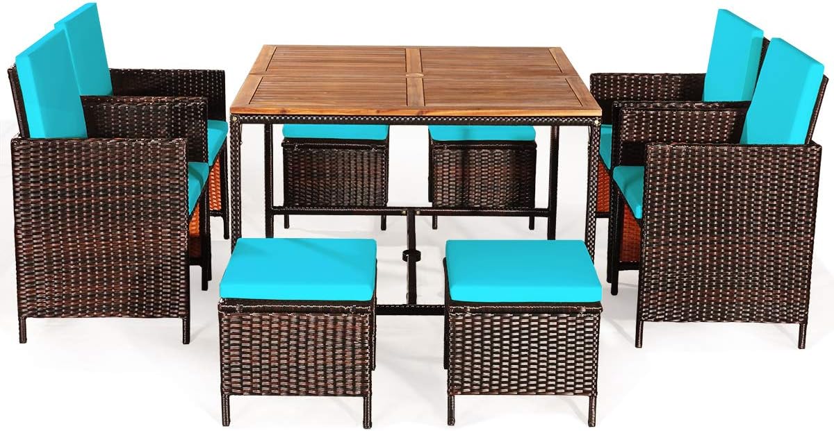 HAPPYGRILL 9PCS Patio Dining Set Outdoor Dining Furniture Set with Cushions, Space-Saving Dining Table with Acacia Wood Tabletop Rattan Wicker Chair and Ottoman Sets for Backyard Garden Poolside