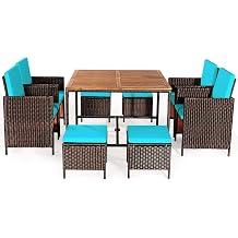 HAPPYGRILL 9PCS Patio Dining Set Outdoor Dining Furniture Set with Cushions, Space-Saving Dining Table with Acacia Wood Tabletop Rattan Wicker Chair and Ottoman Sets for Backyard Garden Poolside