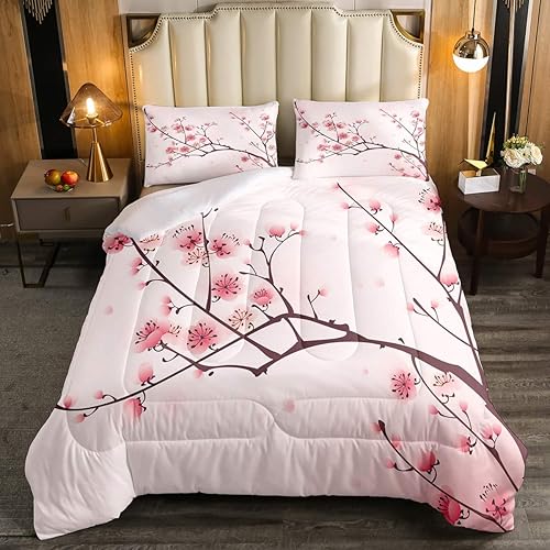 Erosebridal Juego de ropa de cama con diseño de flores de cerezo, juego de edredón de flores de estilo japonés, tamaño individual para niños, niñas,
