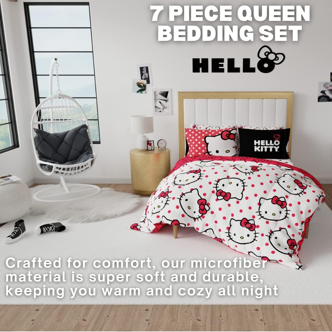Franco Collectibles Hello Kitty Polka Dot Bedding 7 Piece Super Soft Comforter and Sheet Set with Sham, Queen, (Official Licensed Product) - Image 2