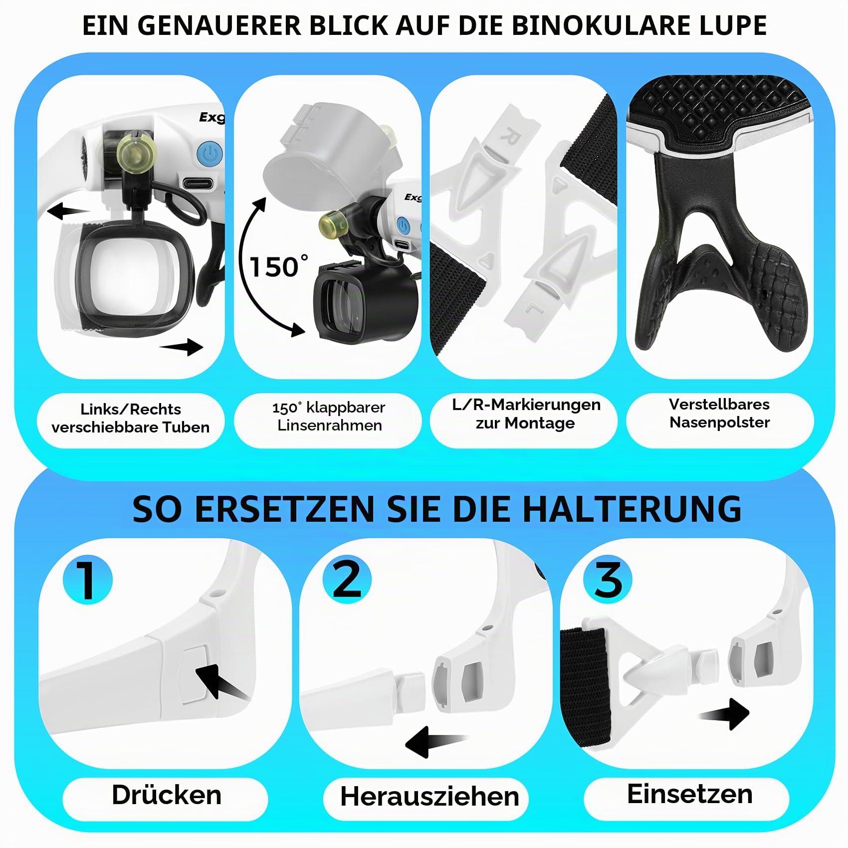 Lupe mit Licht, 2X-23X Kopfbandlupe mit 5 austauschbaren Linsenpaaren (2X 4X 6X 10X 13X), freihändige Lupe für Uhrenreparatur Handwerk‌ ‌Juwelen‌ Hobbys mit Storage Case
