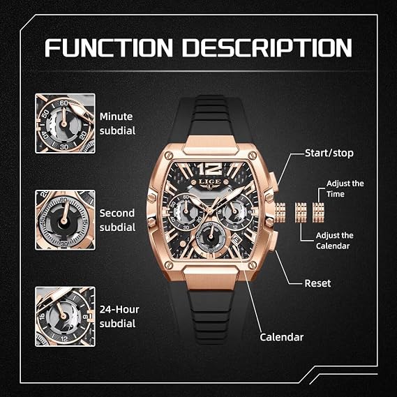 LIGE Men's Watch Skeleton Tonneau Square Chronograph Stainless Steel Quartz
