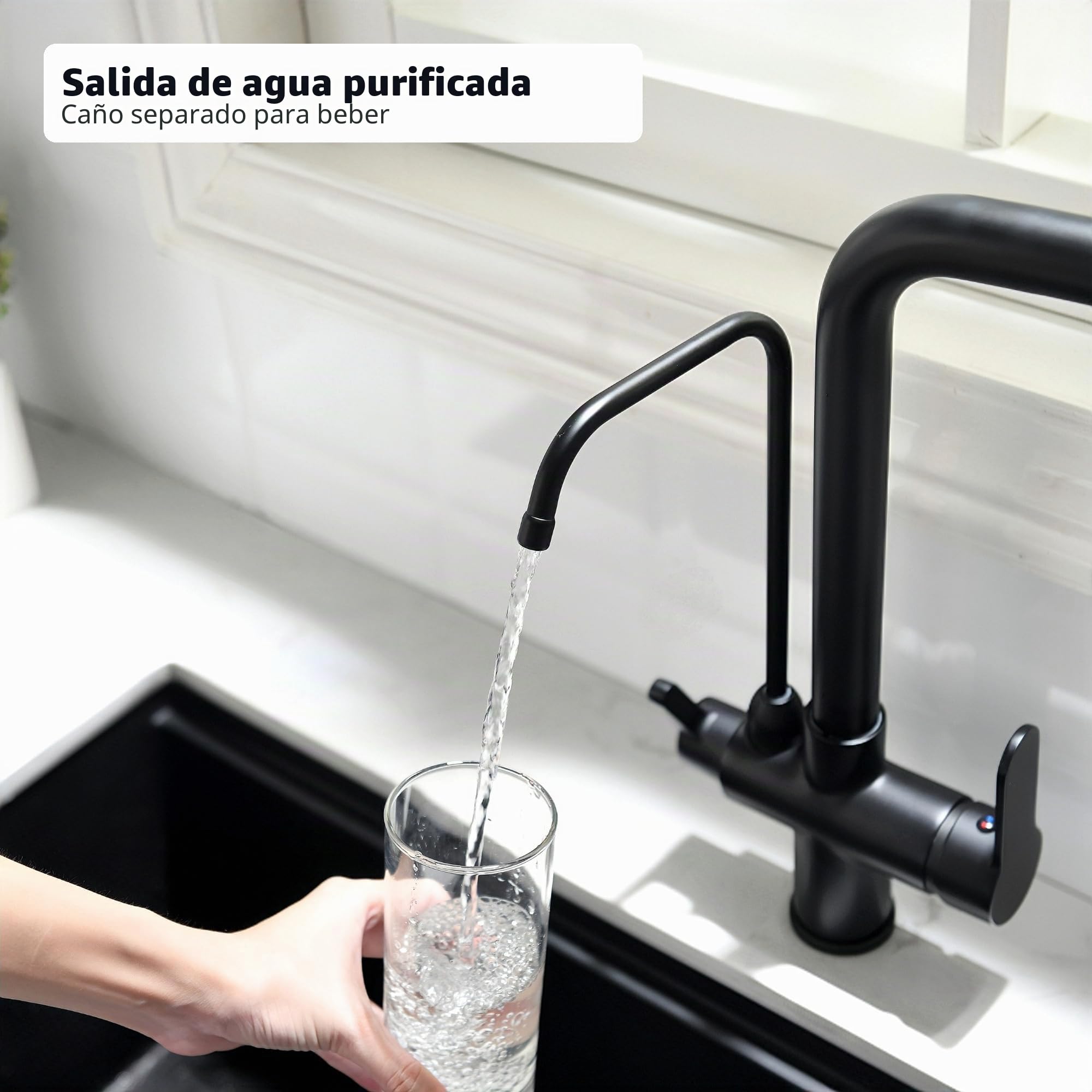 Grifo de Cocina Ósmosis 3 Vías con Ducha Extraíble, Giratorio 360°, Grifo Fregadero 3 en 1 para Agua Fría/Caliente y Agua Filtrada, Grifo para Ósmosis (negro)