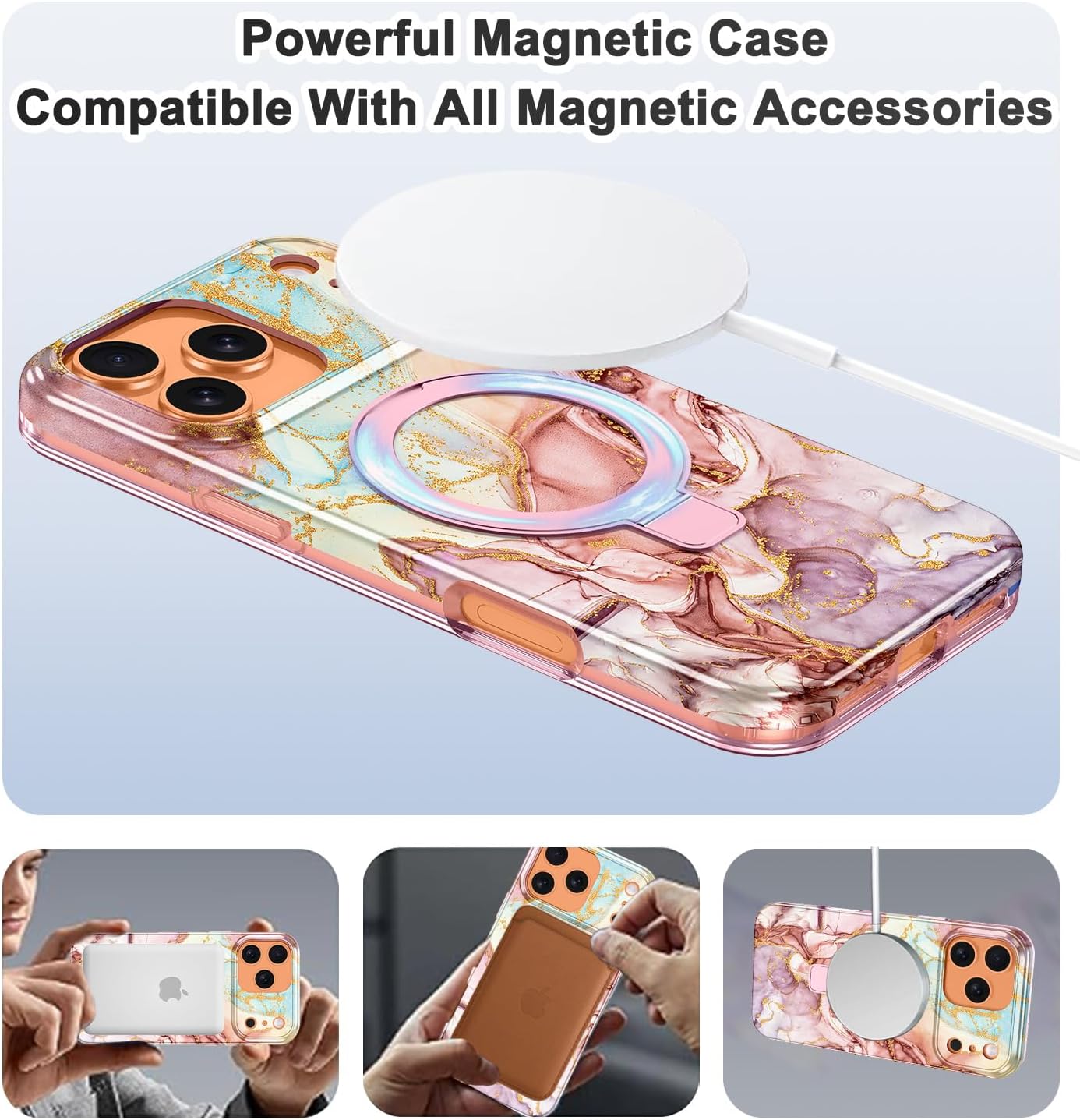 Lamcase for iPhone 17 Pro Case with Magnetic Invisible Ring Stand [Compatible with MagSafe], Full Body Rugged Slim Women Men Girl Shockproof Marble Pattern Design Case, Rose Gold - Image 2