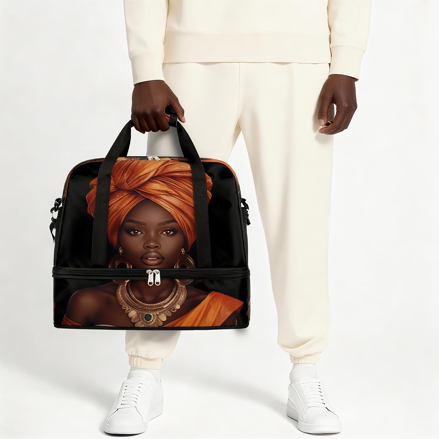 Foldable Travel Duffel Bag for Women - Carry on Personal Item Bag with Shoes Compartment, Weekender Overnight Duffle Bags Sport Tote Gym Luggage for Airplanes Traveling(African Ethnic Woman) - Image 7