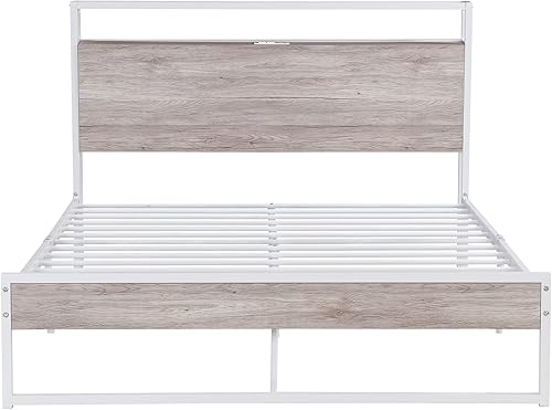 Miniatura 6 de Tensun Base de cama de tamaño matrimonial con estribo y cabecera de madera marco de cama de plataforma con toma de corriente base de colchón de