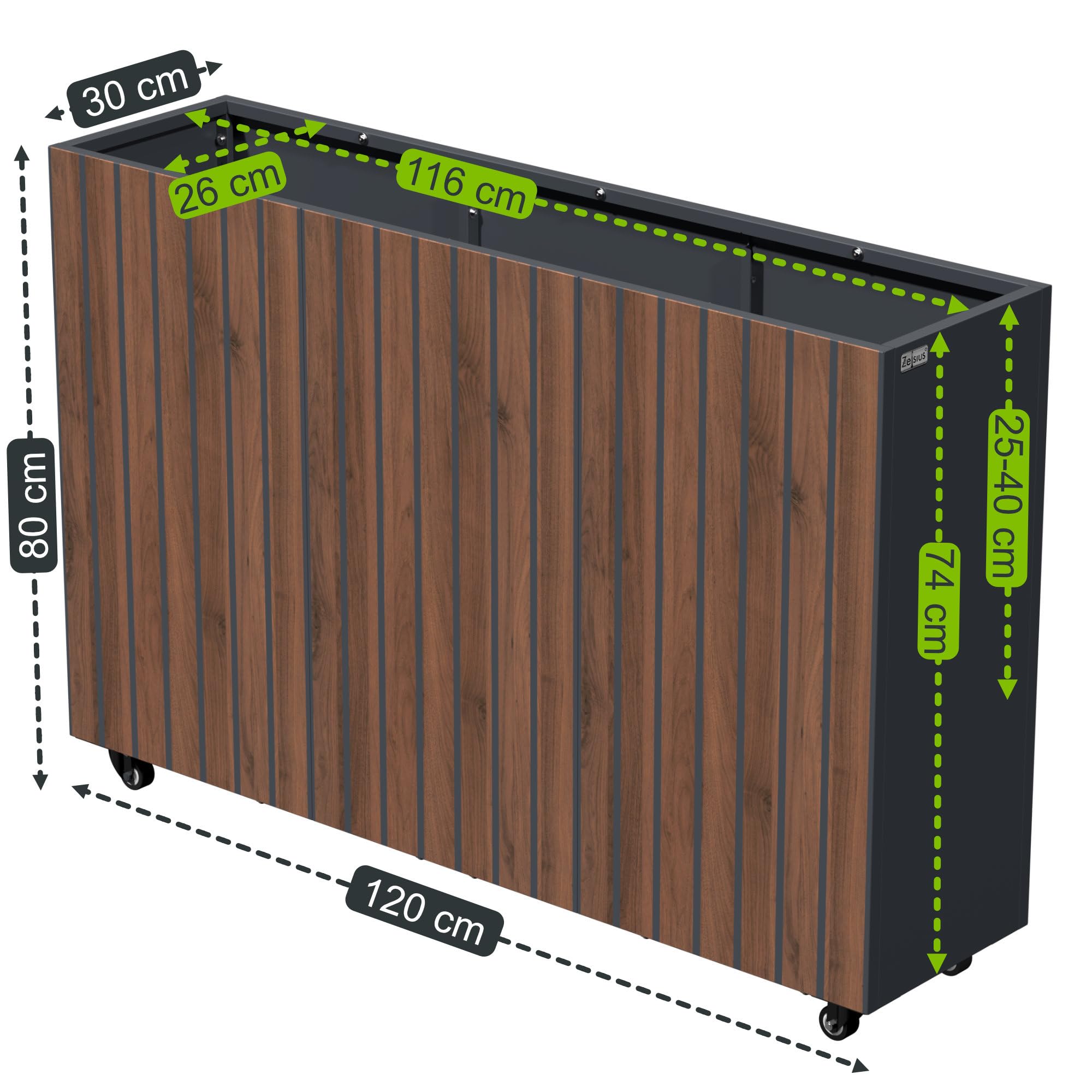 Zelsius Hochbeet verzinkter Stahl mit Rollen 120 x 30 x 80 cm | Anthrazit RAL 7016 Walnuss Holzoptik | Pflanzkübel, Blumenkasten, Pflanzbeet, Gemüsebeet, Kräuterbeet, Blumenkübel, Pflanzkasten