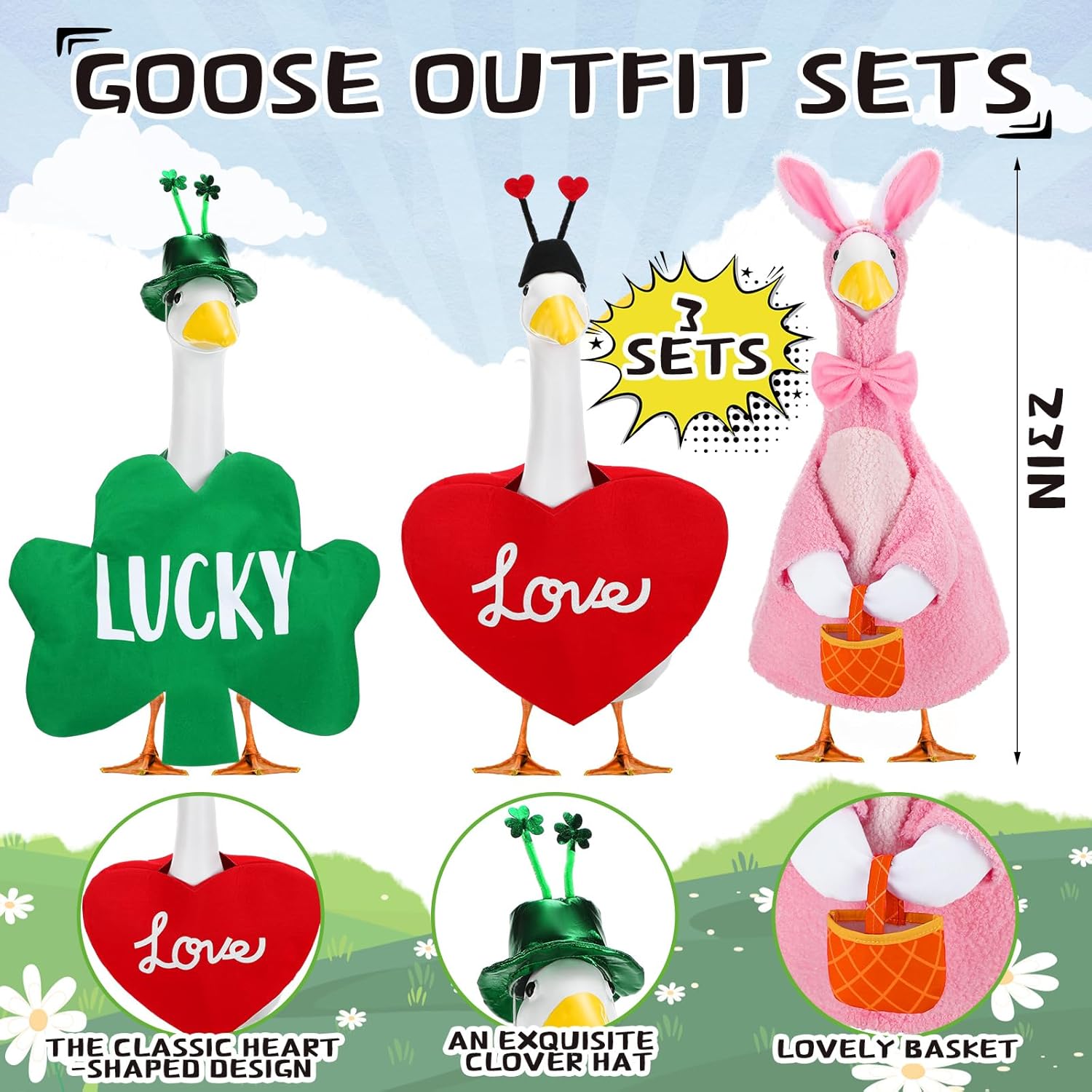 Abbylike 3 Sets St. Patrick's Day Porch Goose Outfits Lucky Shamrock Clover Yard Goose Clothes Easter Spring Lawn Costume for 23 Inch Cement Patio Garden Outdoor Statue Art Decorations