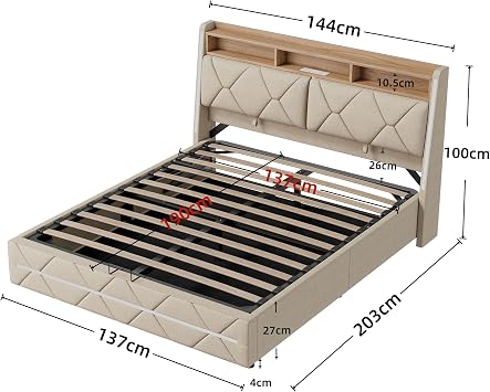 Double Bed Frame 4ft6 with USB C and LED, Double Ottoman Bed with Storage and Headboard, Beds, Frames and Bases with Metal Bedframe and Slats, Beige Linen, 135x190cm, Without Mattress