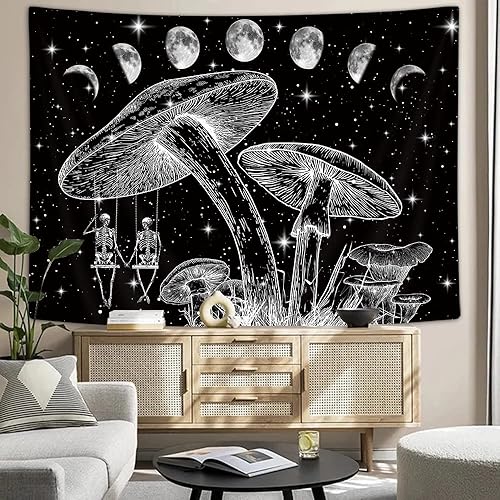 Miniatura 3 de Uokiuki Tapiz de fase lunar trippy, tapiz de calavera de hongo, gótico, blanco y negro, hippie, esqueleto hippie, tarot, tapiz estético para colgar