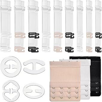 ADULLPONY 25PCS Clear Bra Straps Bulk 18 Pieces Invisible Transparent Bra Straps Adjustable Non-Slip Bra Replacement Straps, 3 Pieces Bra Extenders, 4 Pieces Bra Strap Holders for Slipping for Women