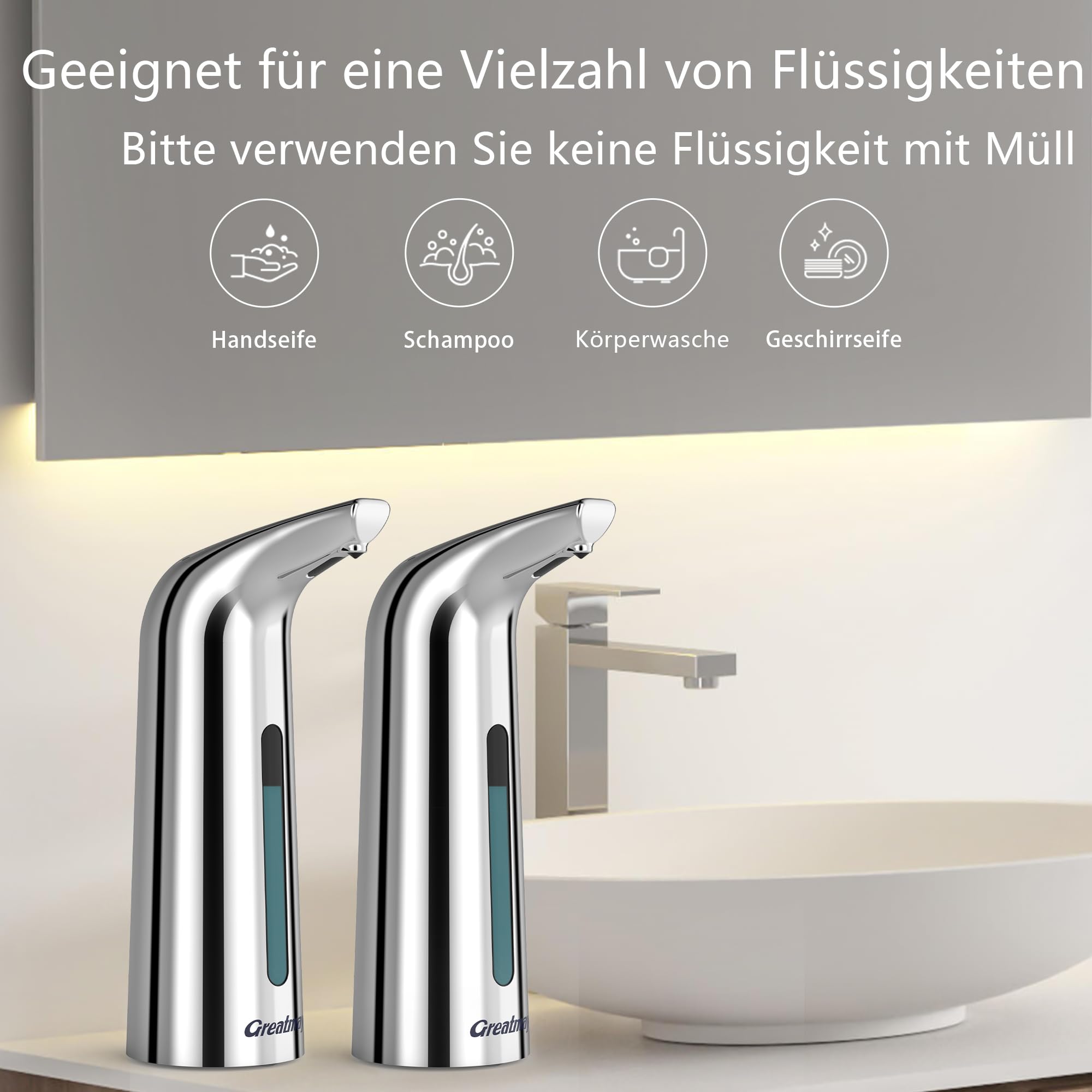 Automatisch Seifenspender,mit 4 einstellbare Stufen,Elektrischer 300ml Berührungsloser Batteriebetriebener Seifenspender mit Sensor,IPX6 Wasserdicht für Bad,Küche (400ml Silber+Silber)