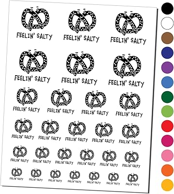 Feeling Salty Kawaii Pretzel Cute Temporary Tattoo Water Resistant Fake Body Art Set Collection - Orange (One Sheet)