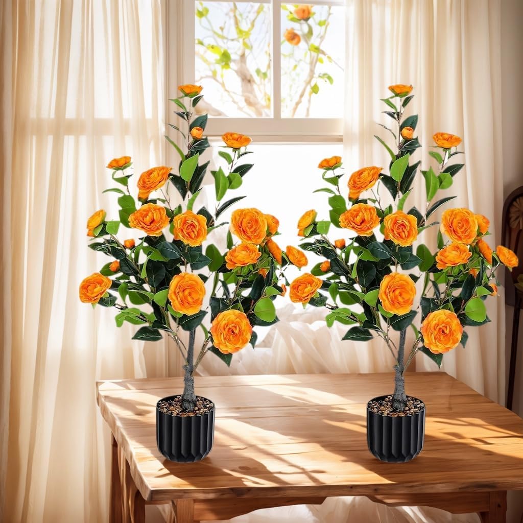 2 Pack 36 Artificial Tree with Camellia Flowers Fake Tree with 24 Blooming Flowers Orange Tree for Spring Home Front Door Outdoor Indoor Decor