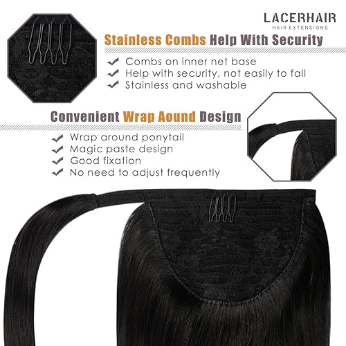 Miniatura 4 de Extensiones de cabello humano de Lacer, color Jet Black, cola de caballo natural, envoltura alrededor, extensión de cola de caballo recta, cabello