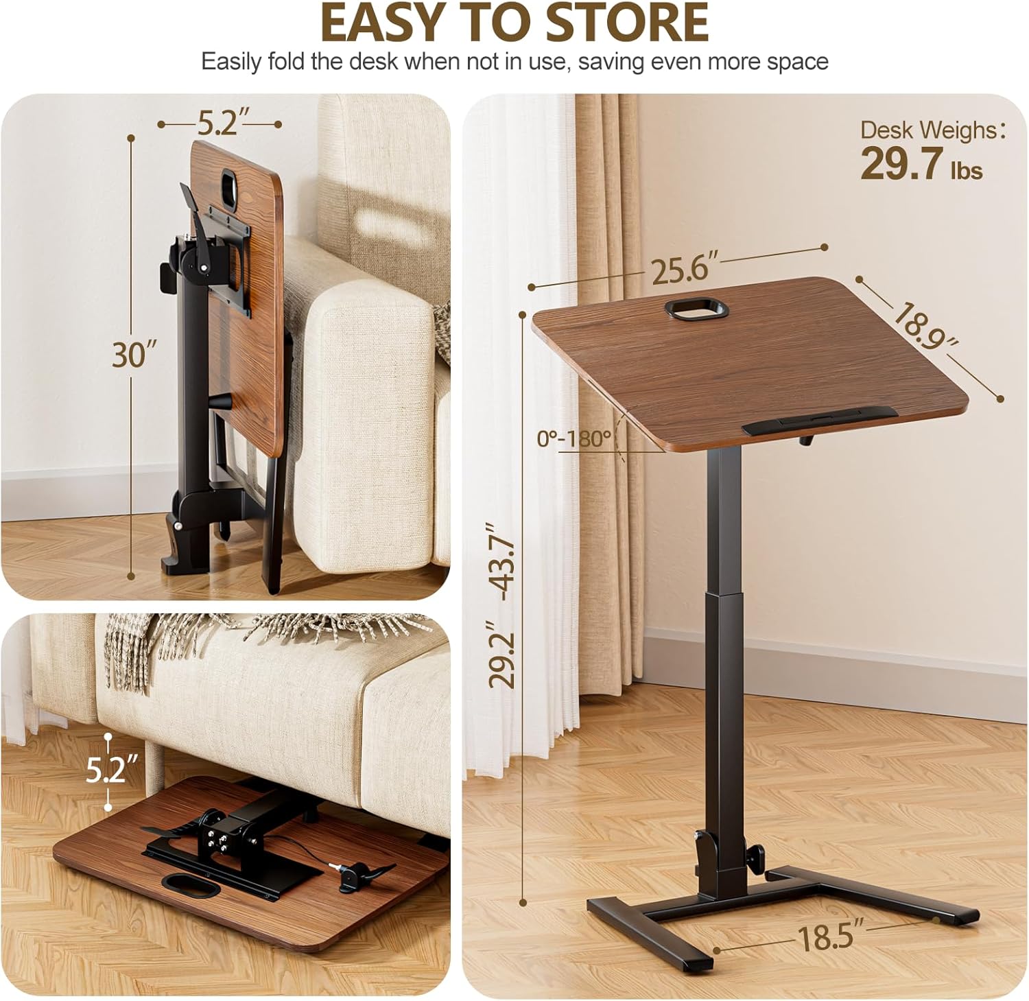 25 Inch Mobile Foldable Standing Desk, 180° Tiltable Portable Rolling Laptop Table, Height Adjustable Sit-Stand Desk with Wheels, No Assembly Computer Workstation for Home Office, Brown