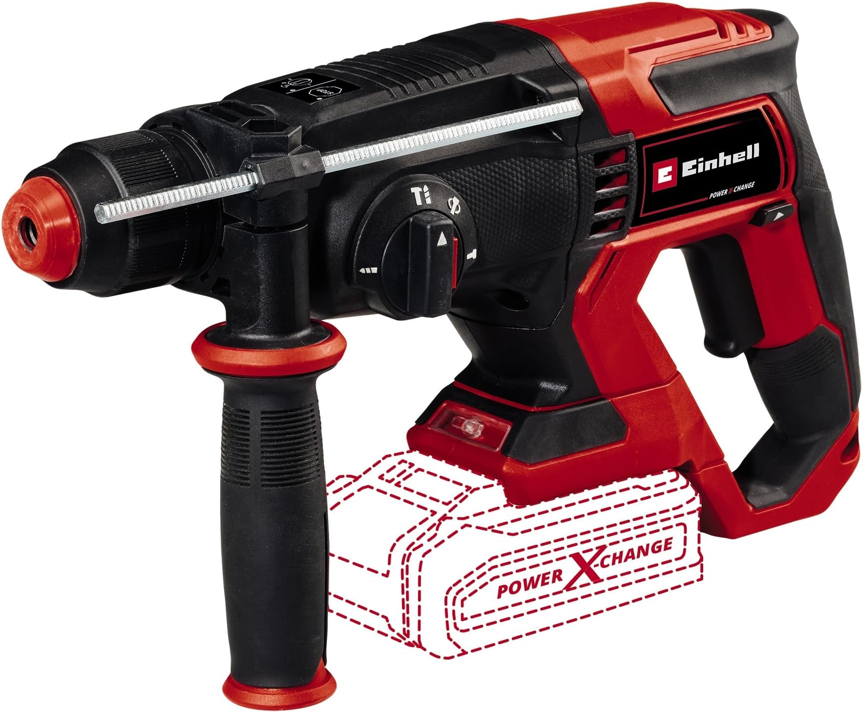 Einhell Accu Boorhamer TE-HD 18 Li-Solo Power X-Change (Li-Ion, 18 V, 1.2 J, Boorcapaciteit In Beton 12 Mm, Sds Plus Opname, Led Verlichting, Zonder Accu En Lader), Zwart, Rood
