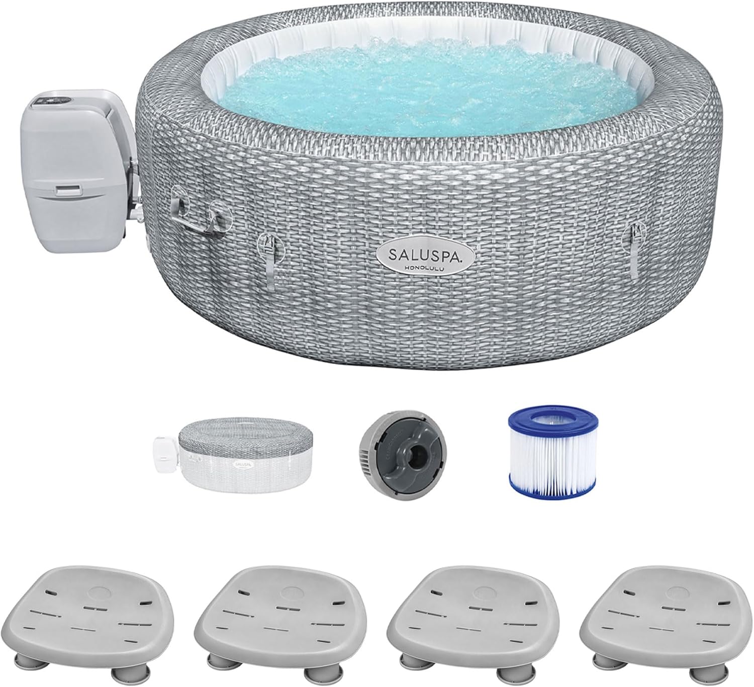 Bestway Coleman Honolulu AirJet Inflatable Hot Tub with EnergySense Cover and 4-Pack of SaluSpa Underwater Non-Slip Spa Seat with Adjustable Legs
