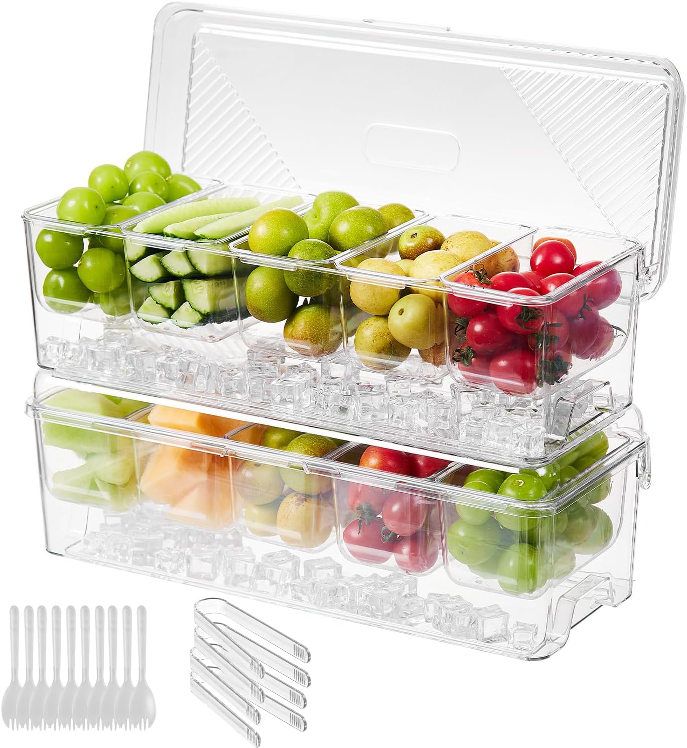 Ice Chilled Condiment Caddy,Stackable Chilled Condiment Containers,Serving Platters with Lid and 5 Removable Compartments,Set of 5 Serving Spoons & 2 Clips (1pack)