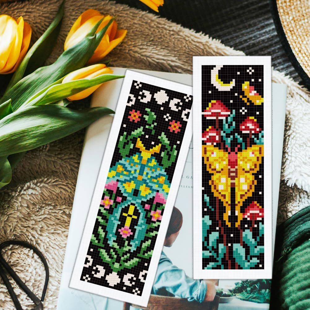 ORIGACH 12 Set Moths & Divination Cross Stitch Bookmark Kit for Beginner with Backing Felt Floss Instructions Tarot Sun & Star DIY Stamped Embroidery Bookmark Kit for Adults, Book Lovers